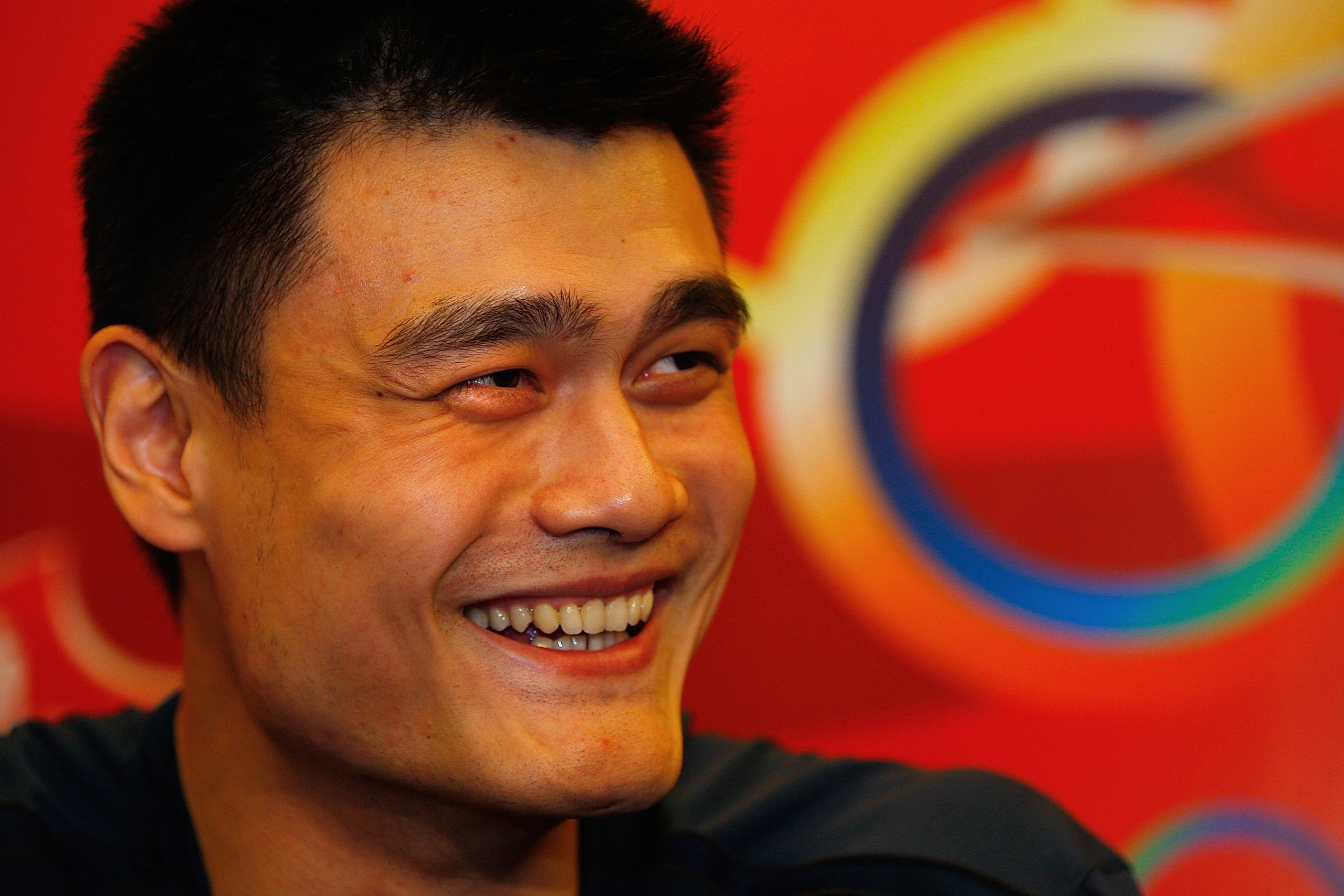 BEIJING, CHINA-AUGUST 21:China's Olympic basketball star Yao Ming talks ot the press along side USA's LeBron James at the Olympic Shuang Zone August 21, 2008 in Beijing. The Shuang Zone, sponsored by Coca Cola allows locals to attend free concerts offerin