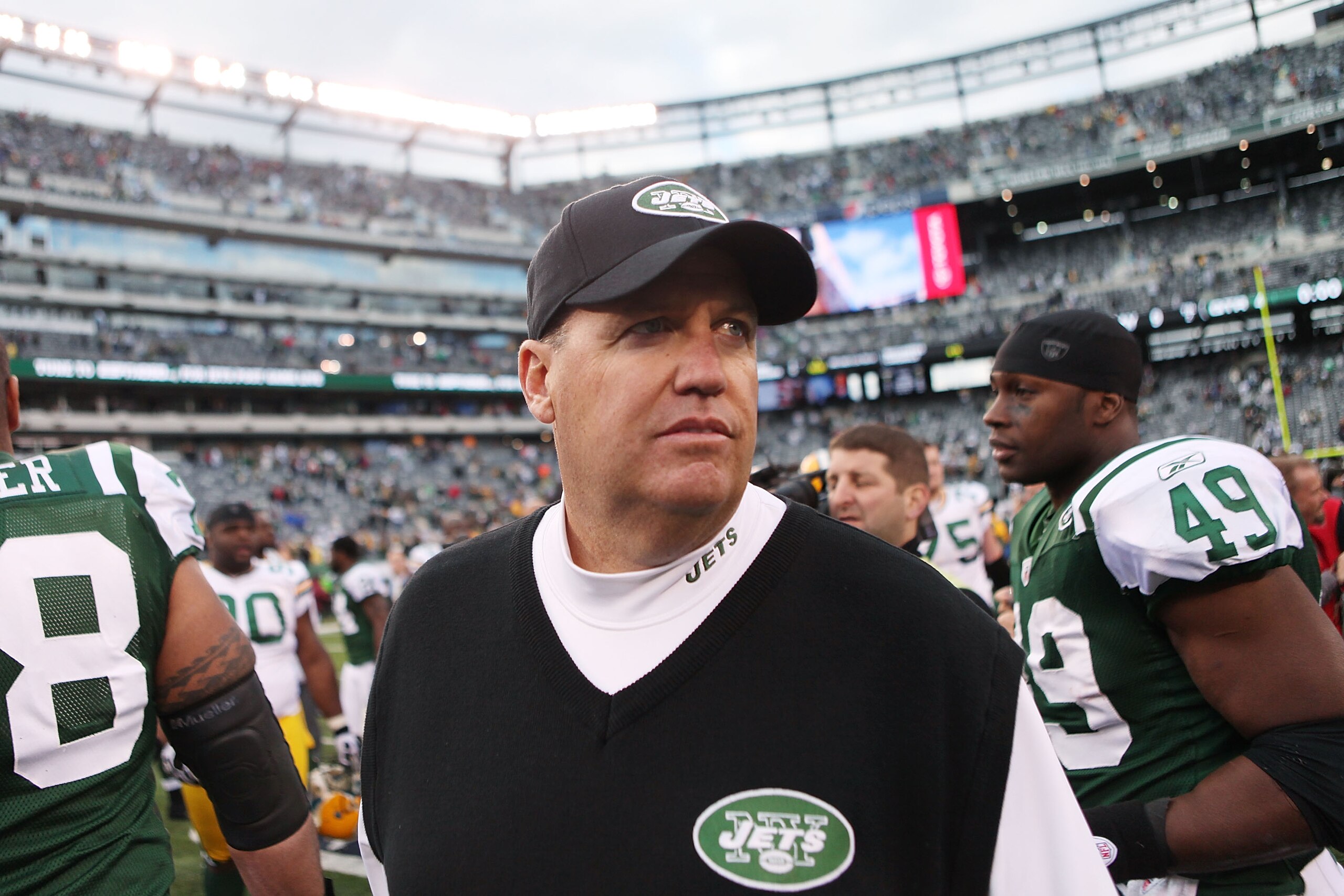 EAST RUTHERFORD, NJ - OCTOBER 31:  Rex Ryan, head couch of the New York Jets walks off the field at the end of a game against the Green Bay Packers on October 31, 2010 at the New Meadowlands Stadium in East Rutherford, New Jersey. The Packers defeated the