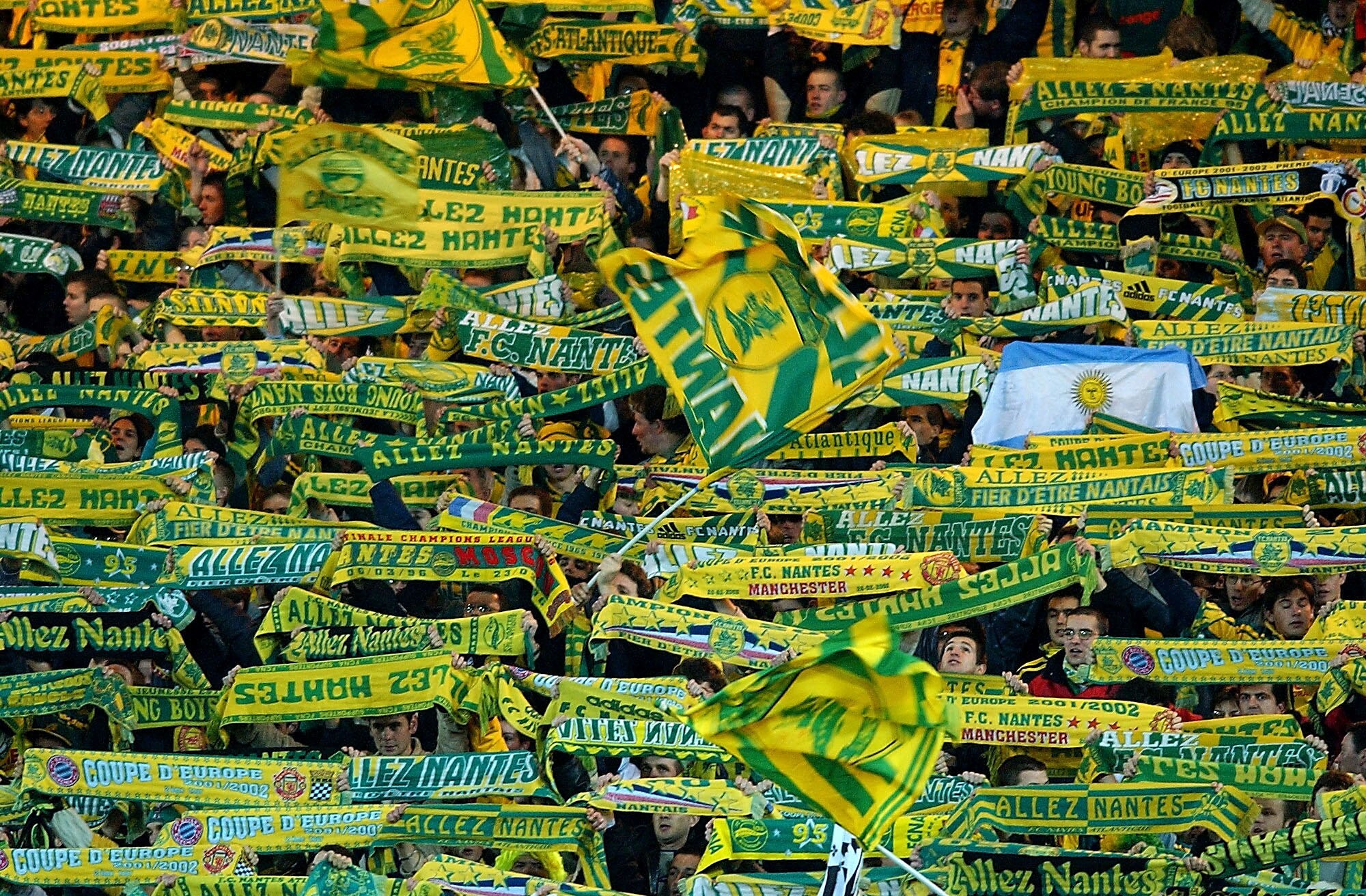 20 Feb 2002:  Nantes fans during the UEFA Champions League game between FC Nantes and Manchester United at the Stade de la Beaujoire, Nantes, France. DIGITAL IMAGE Mandatory Credit: Jamie McDonald/Getty Images