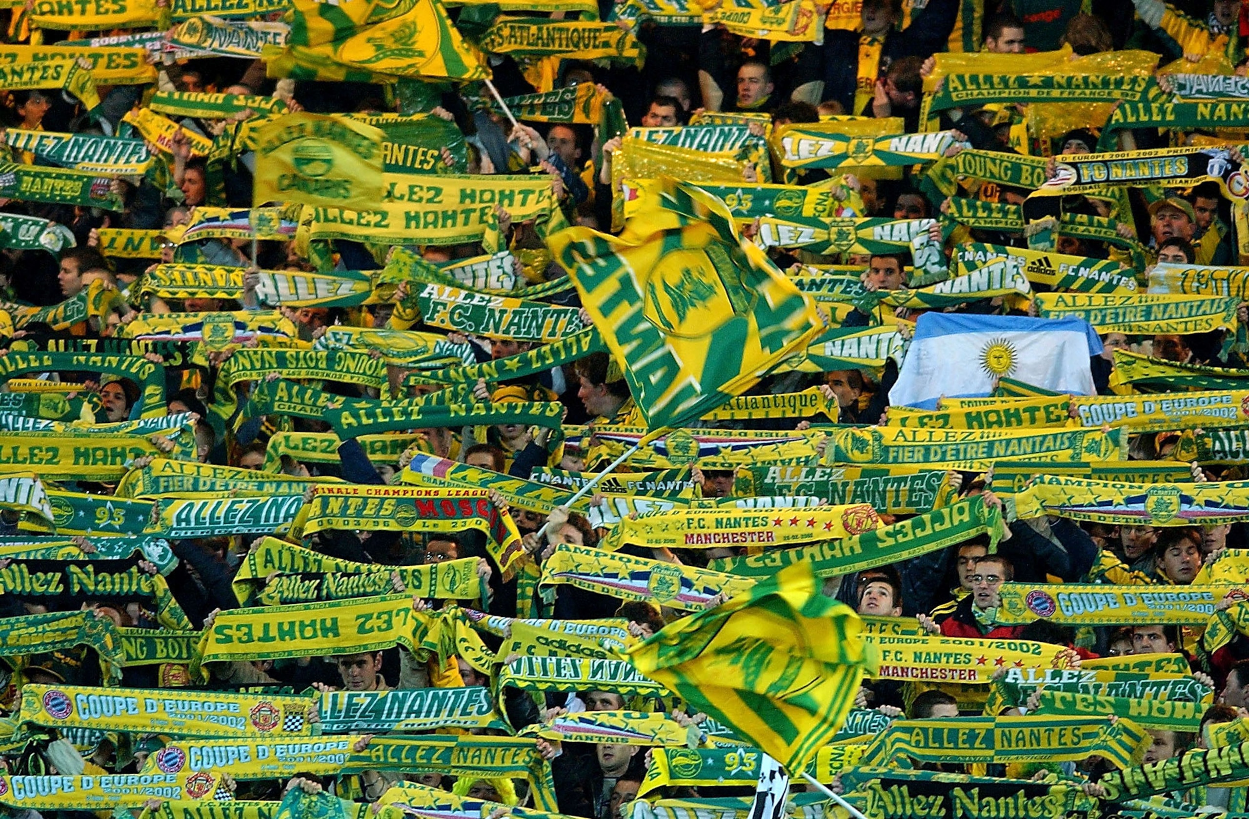 20 Feb 2002:  Nantes fans during the UEFA Champions League game between FC Nantes and Manchester United at the Stade de la Beaujoire, Nantes, France. DIGITAL IMAGE Mandatory Credit: Jamie McDonald/Getty Images