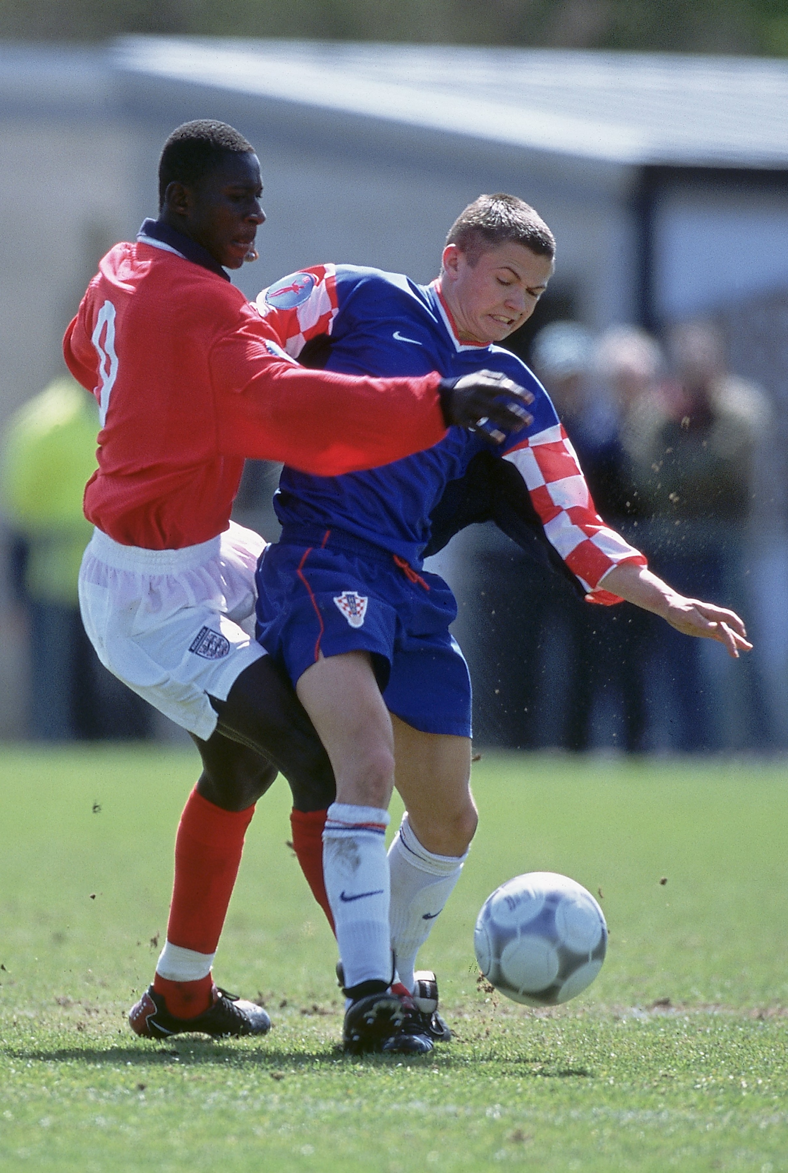 6 May 2001:  Cherno Samba of England (left) and Drago Papa of Croatia challenge for the ball during the UEFA U-16 European Championships match between England and Croatia at New Ferens Park in Durham, England.  Croatia won the match 4 - 1. \ Mandatory Cre