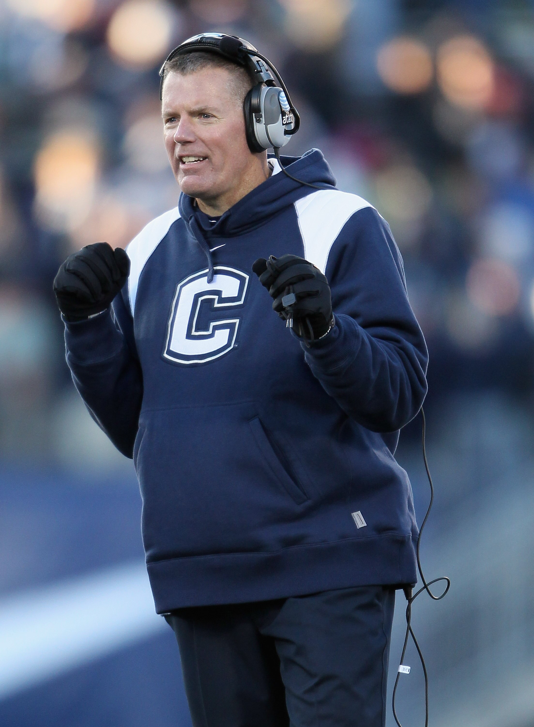 EAST HARTFORD, CT - NOVEMBER 27:  Head coach Randy Edsall of the Connecticut Huskies directs his players in the fourth quarter against the Cincinnati Bearcats on November 27, 2010 at Rentschler Field in East Hartford, Connecticut. The Huskies defeated the