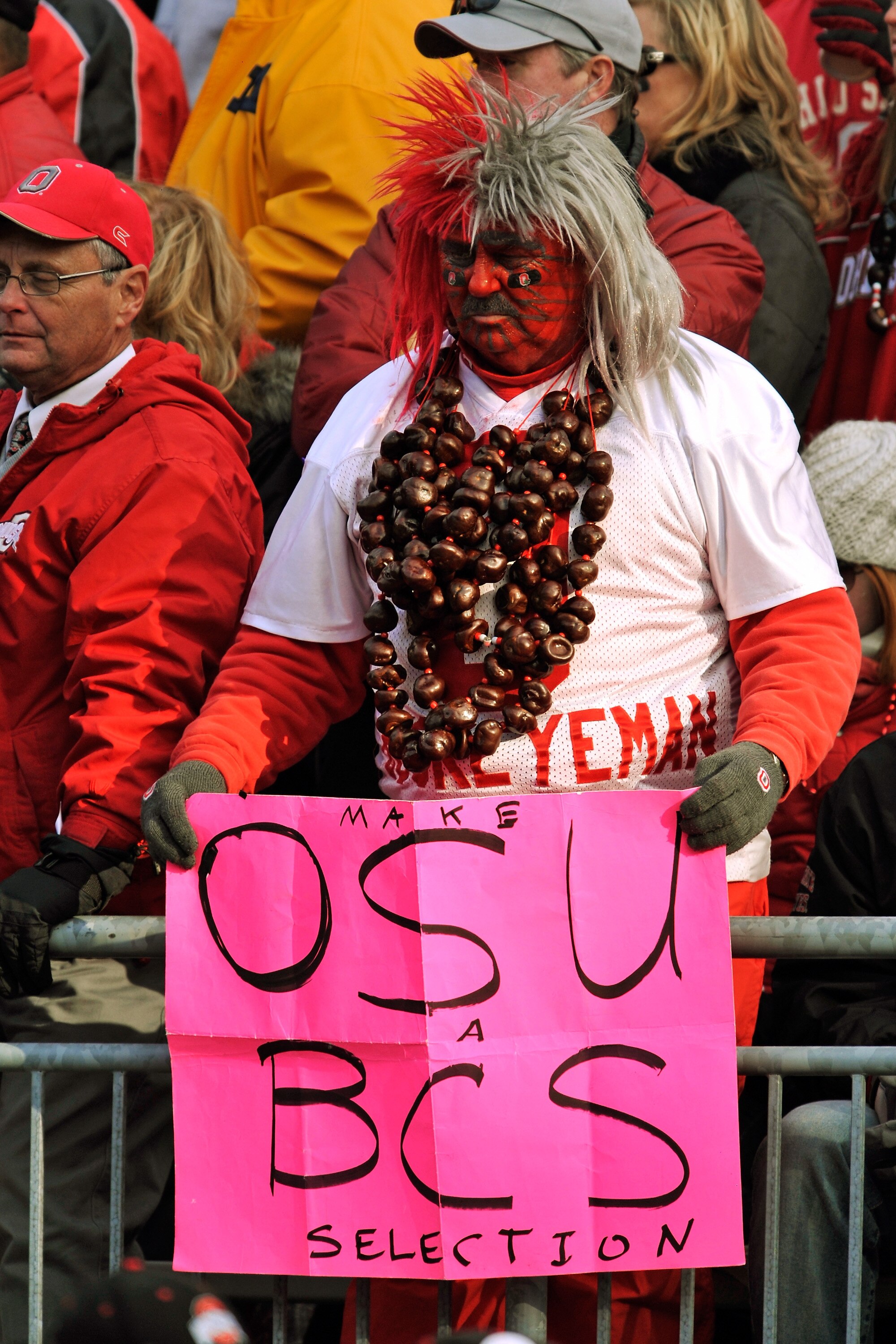 COLUMBUS, OH - NOVEMBER 27:  An Ohio State Buckeyes fan shows his support for the Buckeyes receiving a BCS bid as the Buckeys beat the Michigan Wolverines 37-7 at Ohio Stadium on November 27, 2010 in Columbus, Ohio.  (Photo by Jamie Sabau/Getty Images)