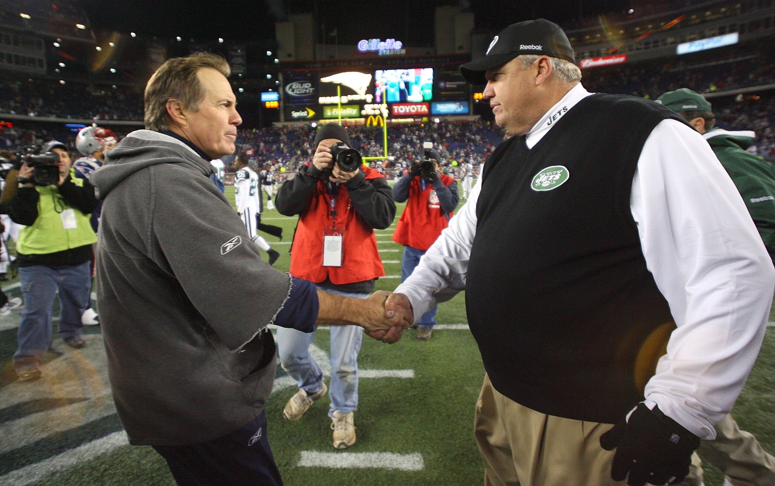 FOXBORO, MA - NOVEMBER 22: Bill Belichick of the New England Patriots shakes hands with Rex Ryan of the New York on November 22, 2009 in Foxboro, Massachusetts. The Patriots won 31-14. (Photo by Jim Rogash/Getty Images) FOXBORO, MA - NOVEMBER 22: Bill Belichick of the New England Patriots shakes hands with Rex Ryan of the New York on November 22, 2009 in Foxboro, Massachusetts. The Patriots won 31-14. (Photo by Jim Rogash/Getty Images)
