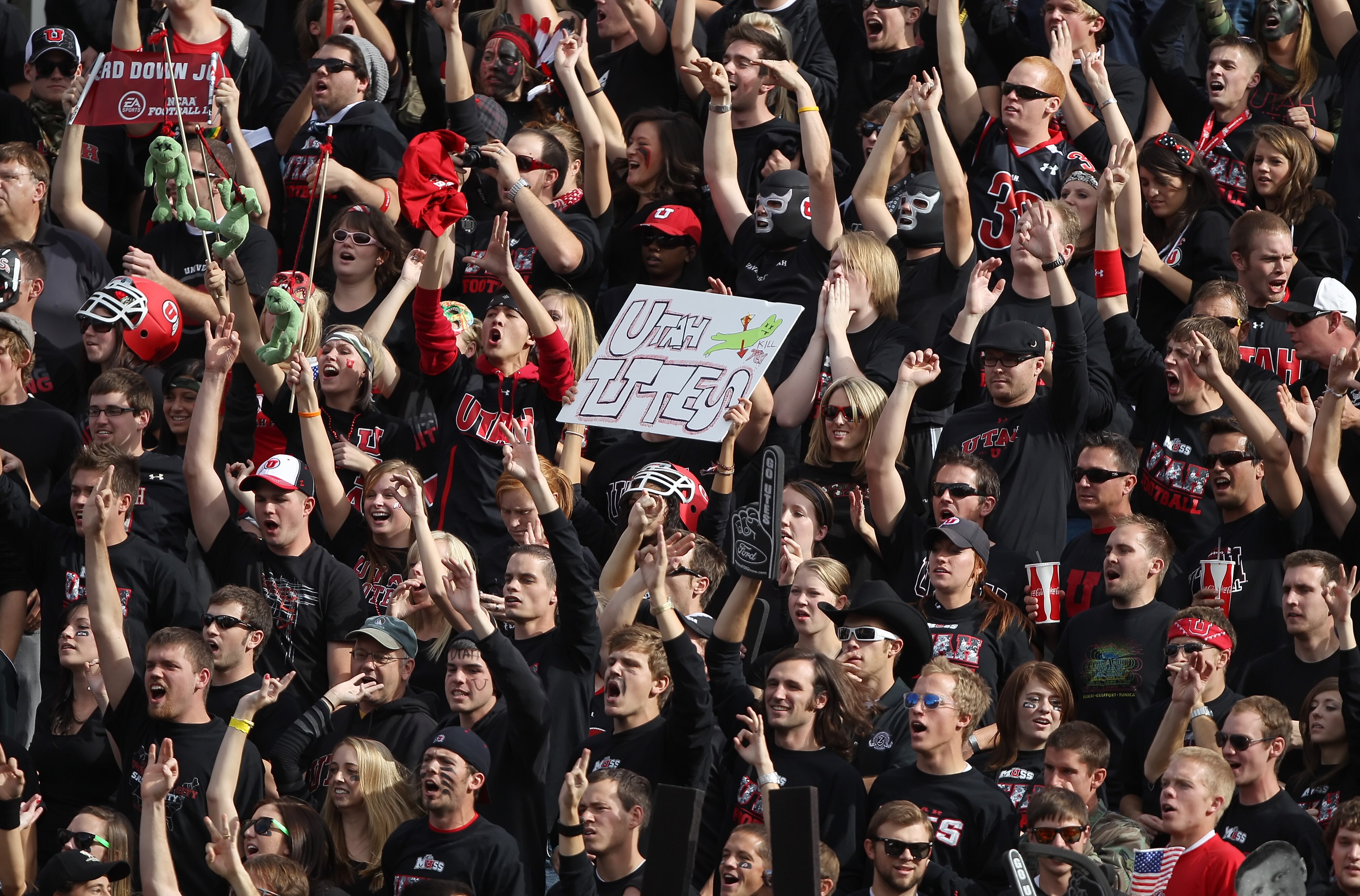 SALT LAKE CITY, UT - NOVEMBER 6: Fans of the Utah Utes cheer during a game against the TCU Horned Frogs during the first half of an NCAA Football game November 6, 2010 at Rice-Eccles Stadium in Salt Lake City, Utah. TCU Beat Utah 47-7.  (Photo by George F
