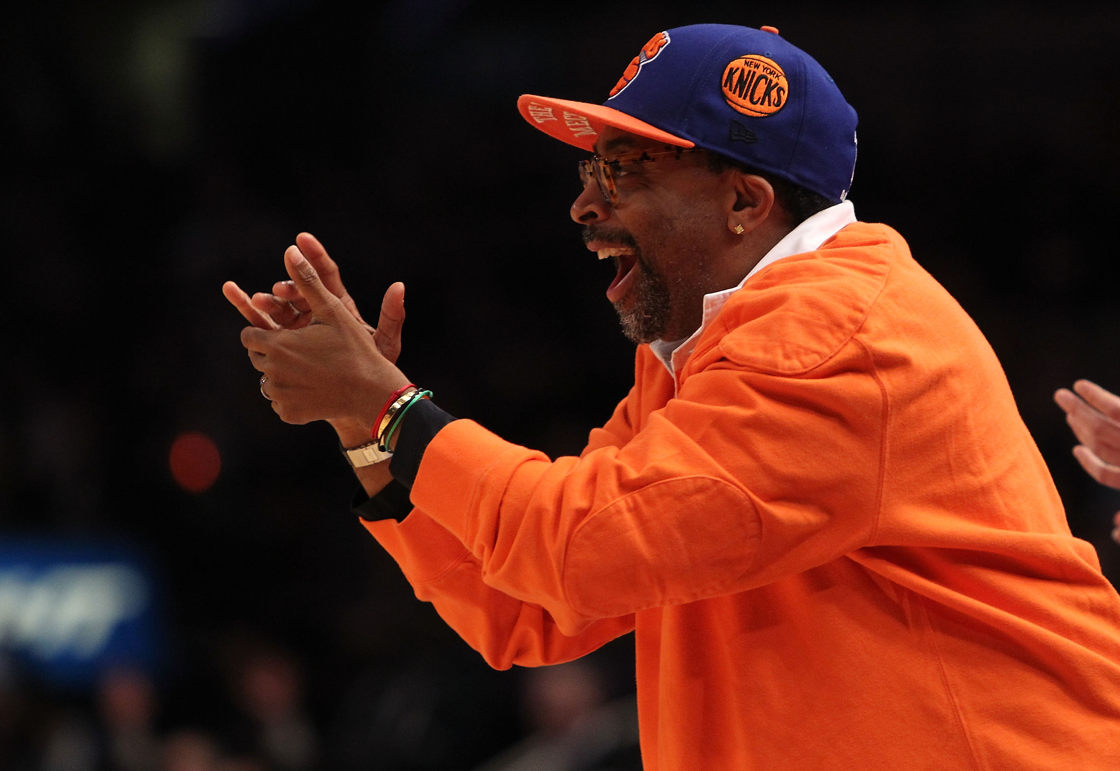 NEW YORK, NY - NOVEMBER 30: Director Spike Lee watches on from the sideline during the game between the New York Knicks and the New Jersey Nets on November 30, 2010 at Madison Square Garden in New York City. NOTE TO USER: User expressly acknowledges and a