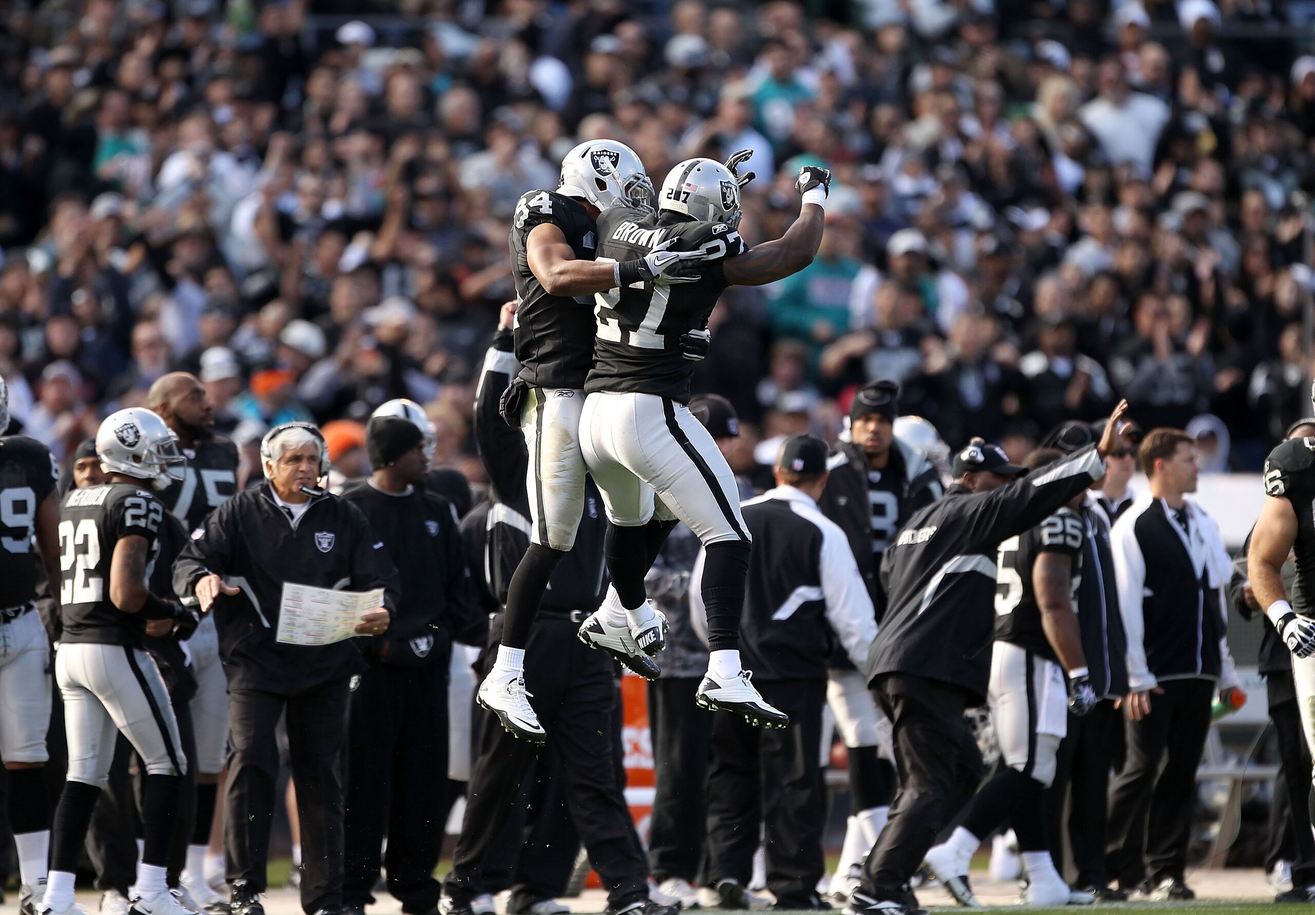 OAKLAND, CA - NOVEMBER 28: Mike Mitchell #34 and Stevie Brown #27 of the Oakland Raiders react after a play during their game against the Miami Dolphins at Oakland-Alameda County Coliseum on November 28, 2010 in Oakland, California. (Photo by Ezra Shaw/ OAKLAND, CA - NOVEMBER 28: Mike Mitchell #34 and Stevie Brown #27 of the Oakland Raiders react after a play during their game against the Miami Dolphins at Oakland-Alameda County Coliseum on November 28, 2010 in Oakland, California. (Photo by Ezra Shaw/