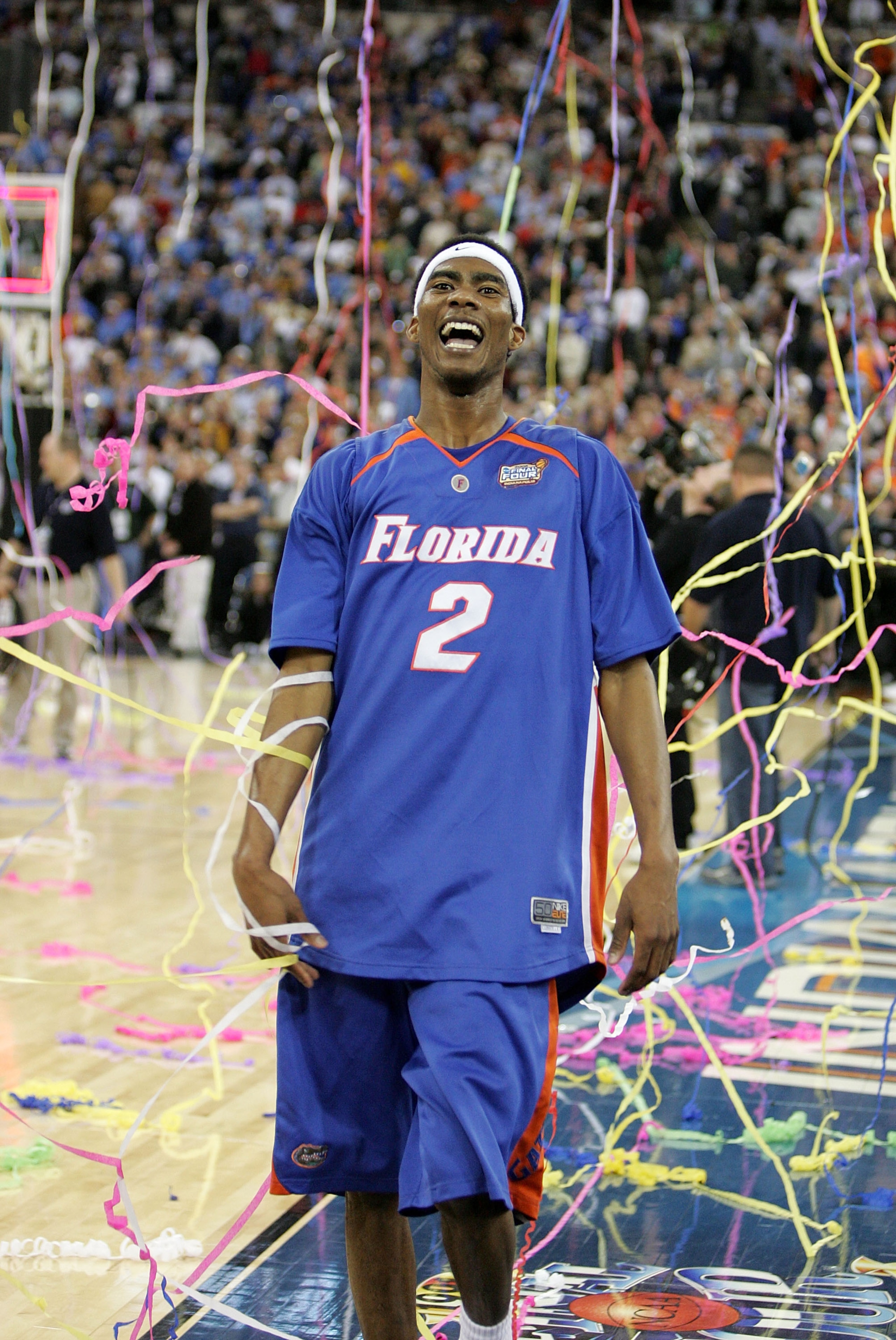 INDIANAPOLIS - APRIL 03: Corey Brewer #2 of the Florida Gators smiles as confetti falls from the roof after the game against the UCLA Bruins during the National Championship game of the NCAA Men's Final Four on April 3, 2006 at the RCA Dome in Indianapol INDIANAPOLIS - APRIL 03: Corey Brewer #2 of the Florida Gators smiles as confetti falls from the roof after the game against the UCLA Bruins during the National Championship game of the NCAA Men's Final Four on April 3, 2006 at the RCA Dome in Indianapol