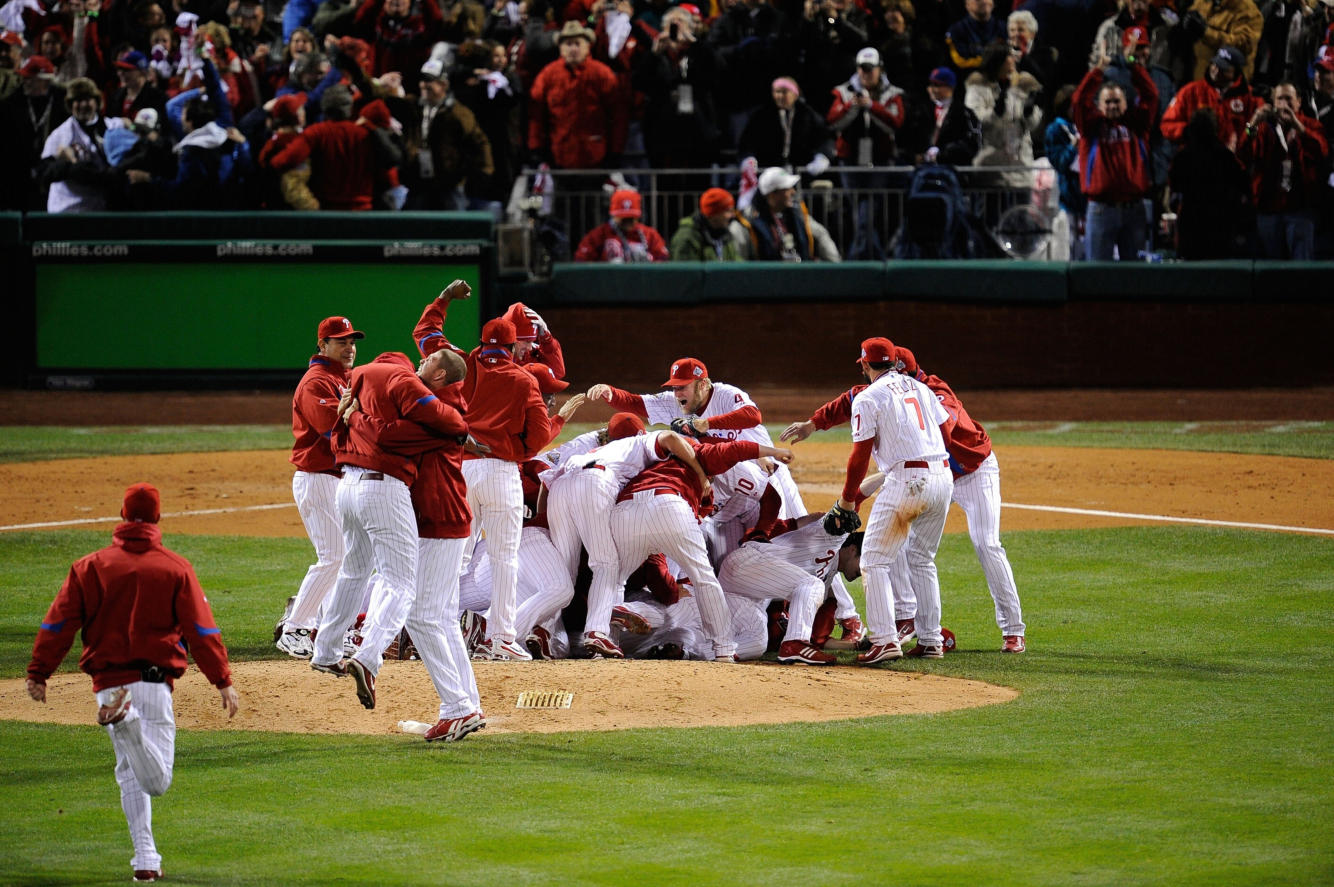 PHILADELPHIA - OCTOBER 29:  The Philadelphia Phillies celebrate after they won 4-3 against the Tampa Bay Rays during the continuation of game five of the 2008 MLB World Series on October 29, 2008 at Citizens Bank Park in Philadelphia, Pennsylvania.  (Phot