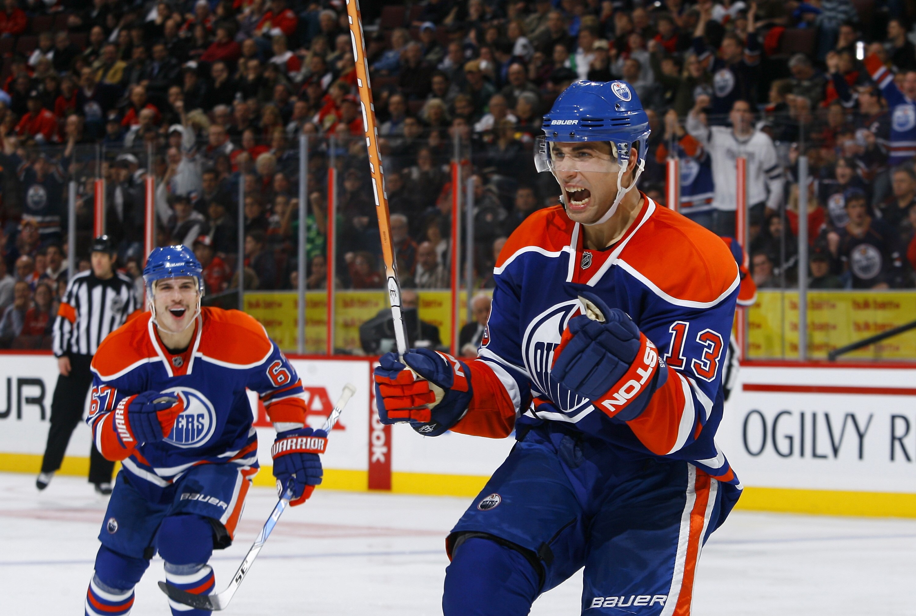 OTTAWA, ON - NOVEMBER 29:  Andrew Cogliano #13 of the Edmonton Oilers celebrates his game winning goal against the Ottawa Senators in a game at Scotiabank Place on November 29, 2010 in Ottawa, Ontario, Canada.  The Edmonton Oilers defeated the Ottawa Sena