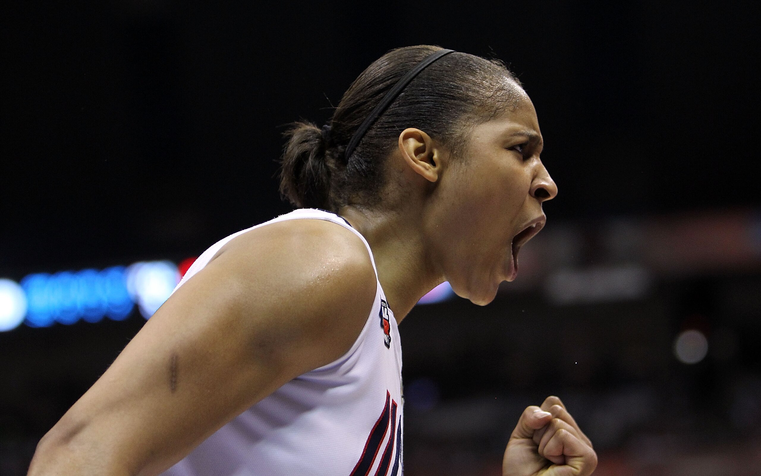 SAN ANTONIO - APRIL 06:  Forward Maya Moore #23 of the Connecticut Huskies reacts after a play against the Stanford Cardinal during the NCAA Women's Final Four Championship game at the Alamodome on April 6, 2010 in San Antonio, Texas.  (Photo by Ronald Ma