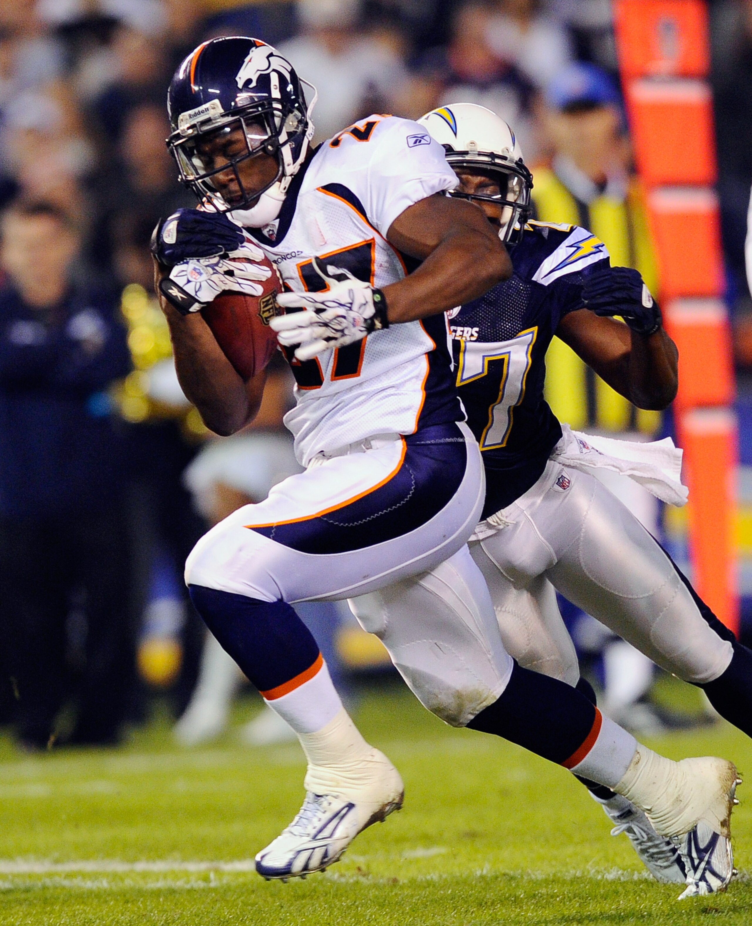 SAN DIEGO - NOVEMBER 22:  Knowshon Moreno #27 of the Denver Broncos rushes against the San Diego Chargers at Qualcomm Stadium on November 22, 2010 in San Diego, California. Chargers defeated the Broncos 35-14.  (Photo by Kevork Djansezian/Getty Images)