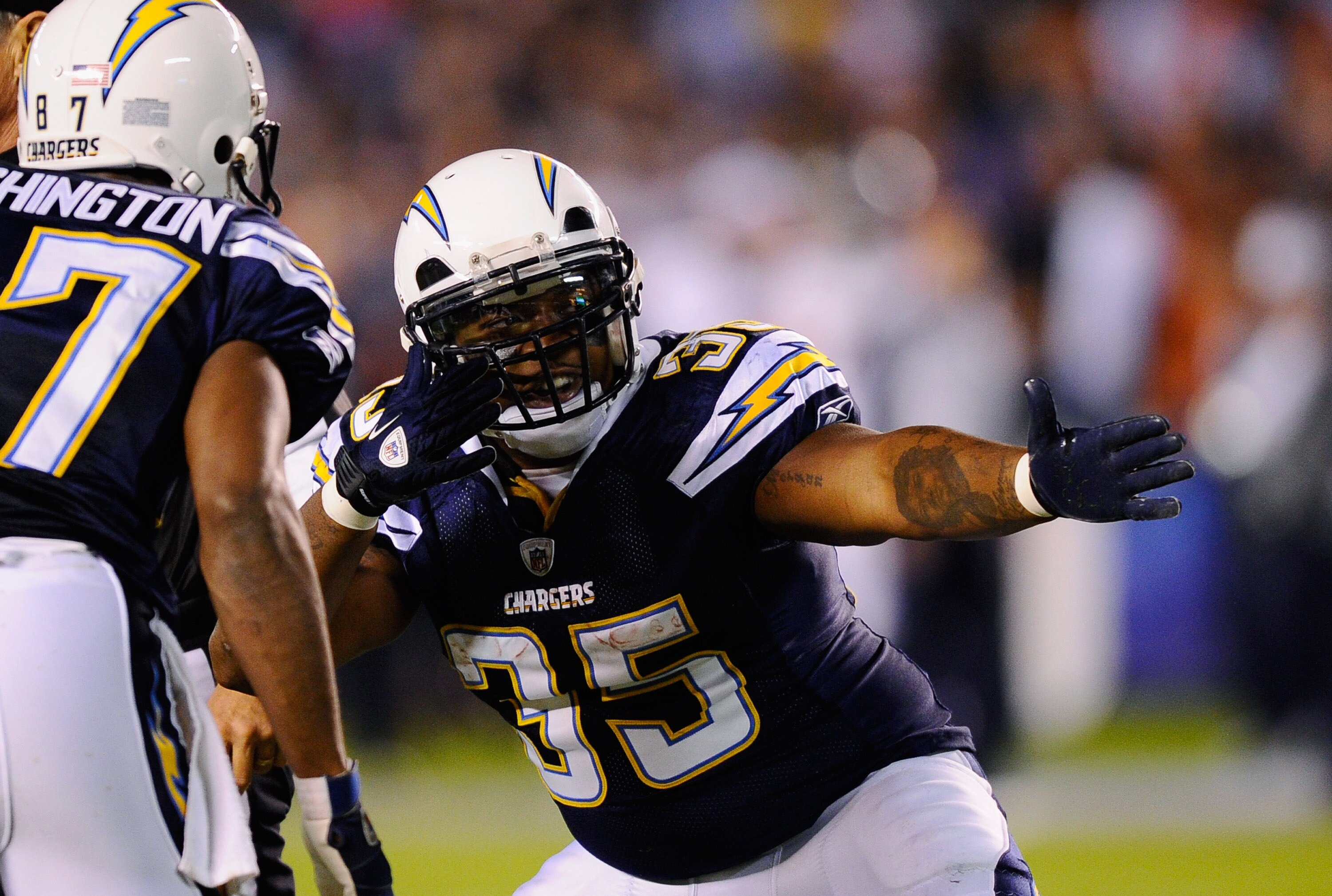 SAN DIEGO - NOVEMBER 22:  Mike Tolbert #35 of the San Diego Chargers celebrates after a 29-yard pass against the Denver Broncos at Qualcomm Stadium on November 22, 2010 in San Diego, California.  (Photo by Kevork Djansezian/Getty Images)