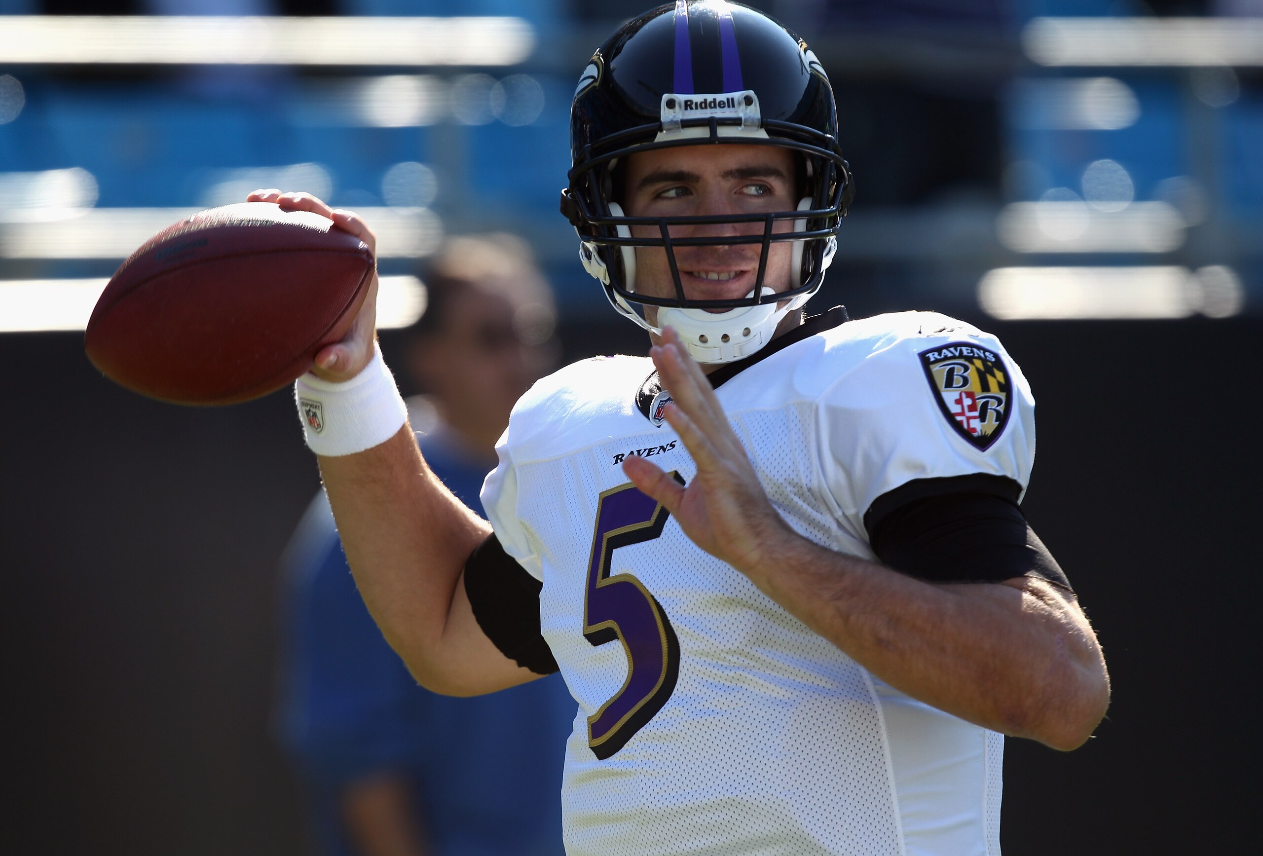 CHARLOTTE, NC - NOVEMBER 21:  Joe Flacco #5 of the Baltimore Ravens against the Carolina Panthers at Bank of America Stadium on November 21, 2010 in Charlotte, North Carolina.  (Photo by Streeter Lecka/Getty Images)