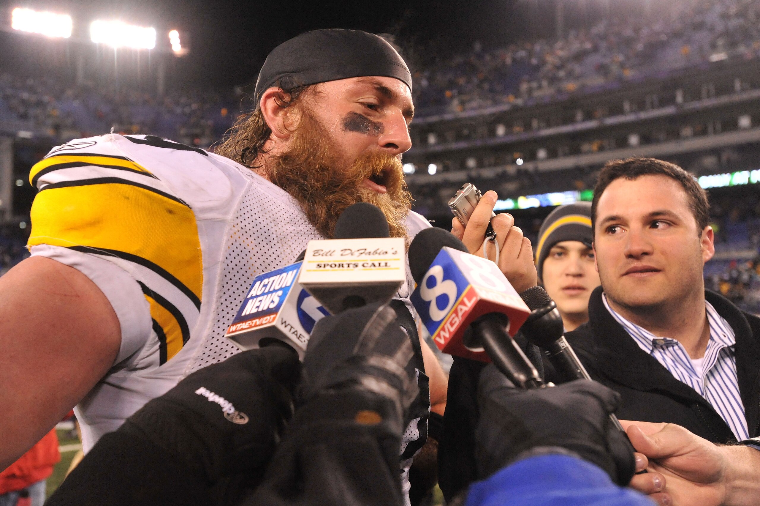 BALTIMORE, MD - DECEMBER 05:  Defensive end Brett Keisel #99 of the Pittsburgh Steelers is interviewed by the media after defeating the Baltimore Ravens 13-10 at M&T Bank Stadium on December 5, 2010 in Baltimore, Maryland.  (Photo by Larry French/Getty Im