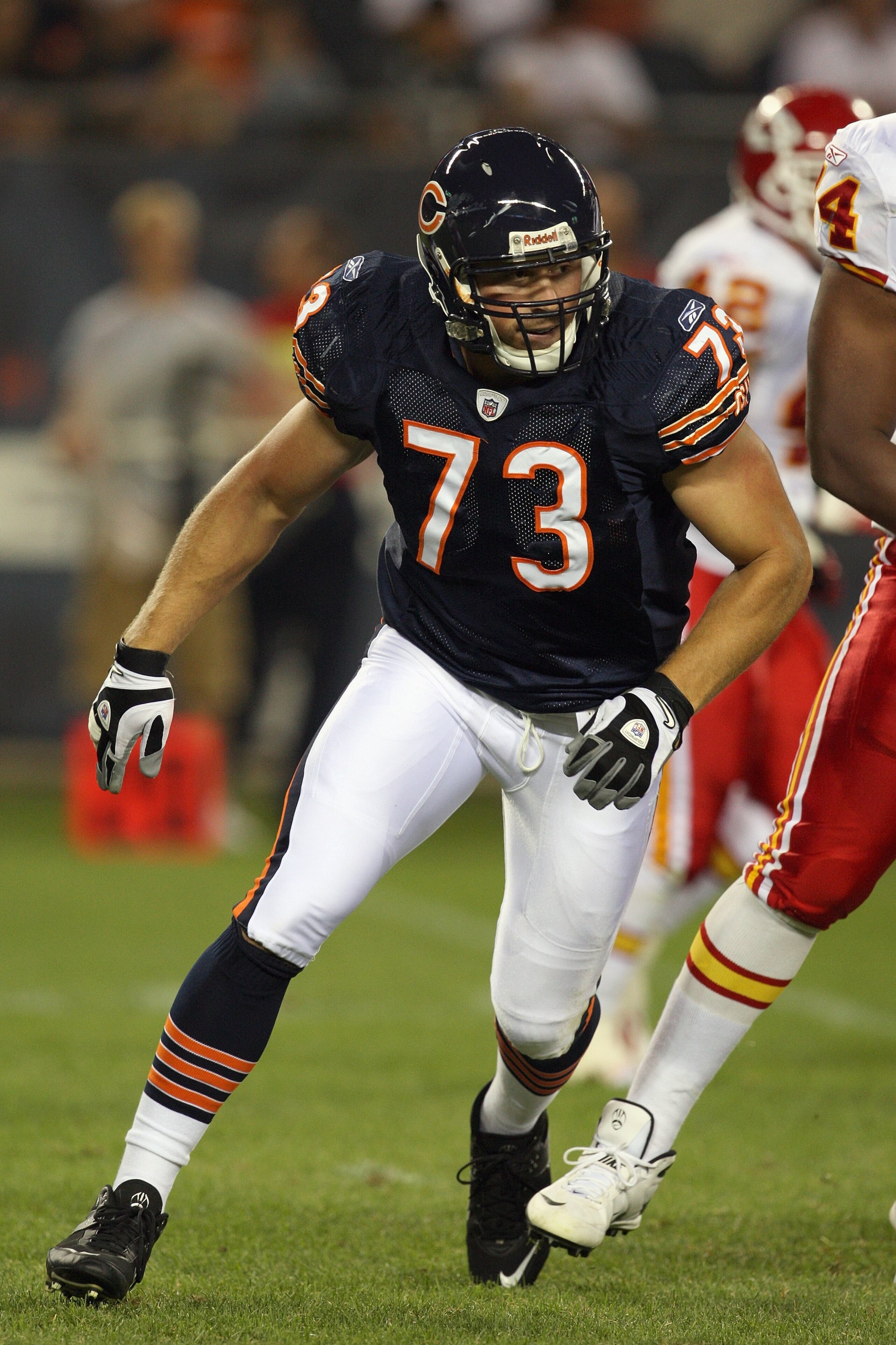 CHICAGO - AUGUST 7:  Dan Bazuin #73 of the Chicago Bears pursues the play against the Kansas City Chiefs during a preseason game on August 7, 2008 at Soldier Field in Chicago, Illinois. (Photo by Jonathan Daniel/Getty Images)