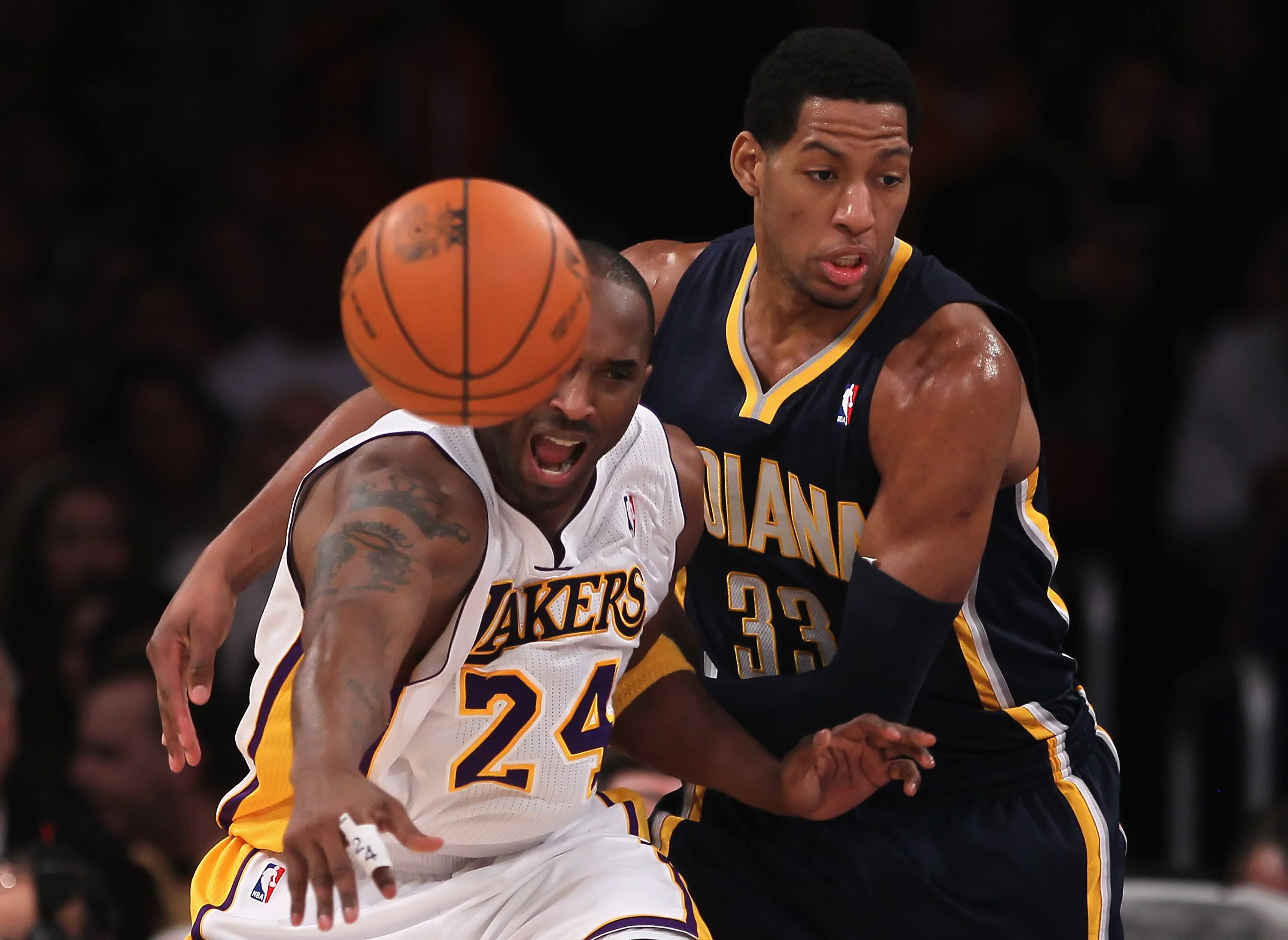 LOS ANGELES, CA - NOVEMBER 28:  Danny Granger #33 of the Indiana Pacers steals the ball from Kobe Bryant #24 of the Los Angeles Lakers during the second quarter at Staples Center on November 28, 2010 in Los Angeles, California. The Pacers defeated the Lak