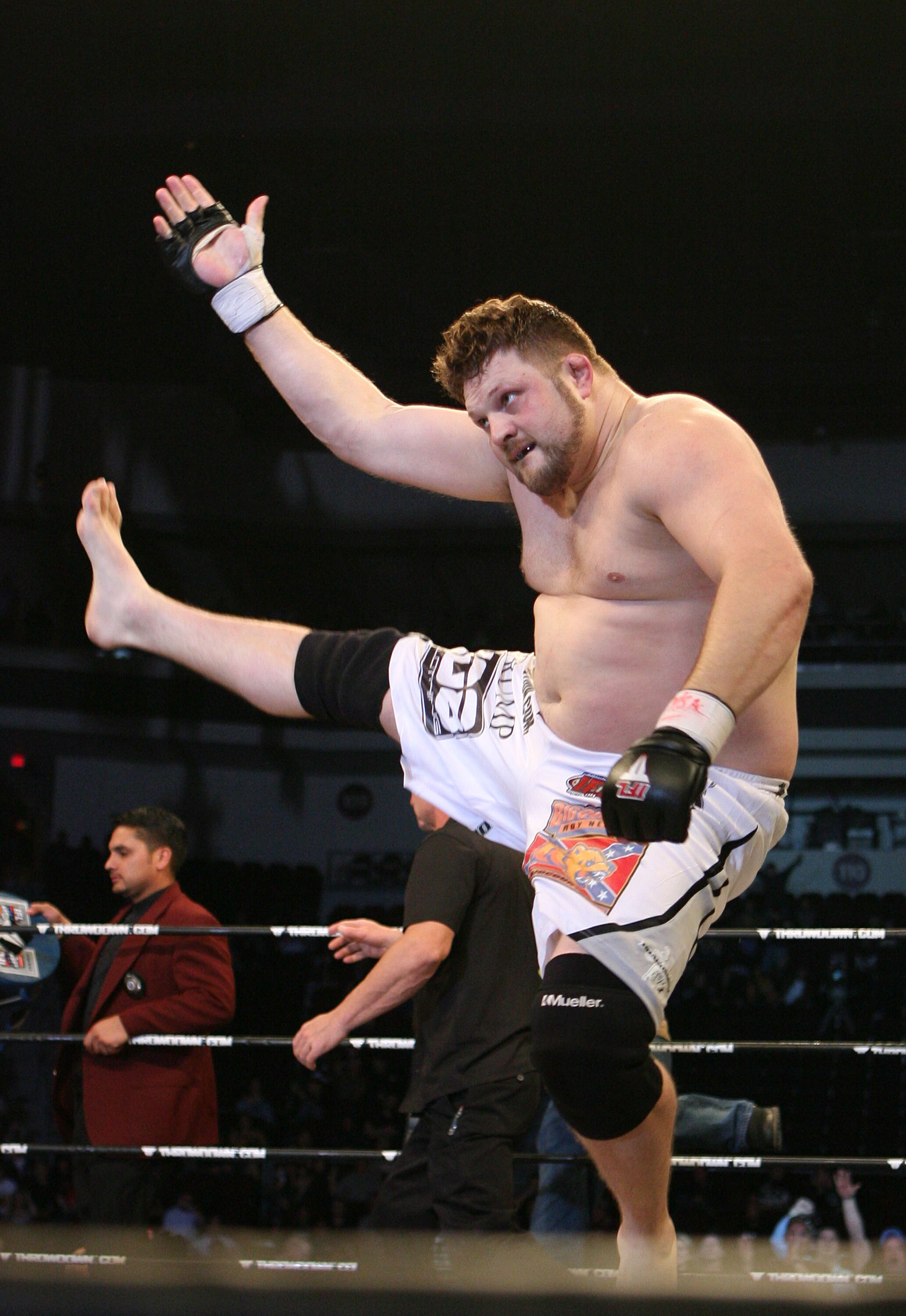 LAS VEGAS - FEBRUARY 29:  Roy Nelson white trunks of Lion's Den celebrates his victory over Fabiano Scherner red trunks of Team Quest during their Heavyweight title bout at The Orleans Arena on February 29, 2008 in Las Vegas, Nevada.  (Photo by Ethan Mill