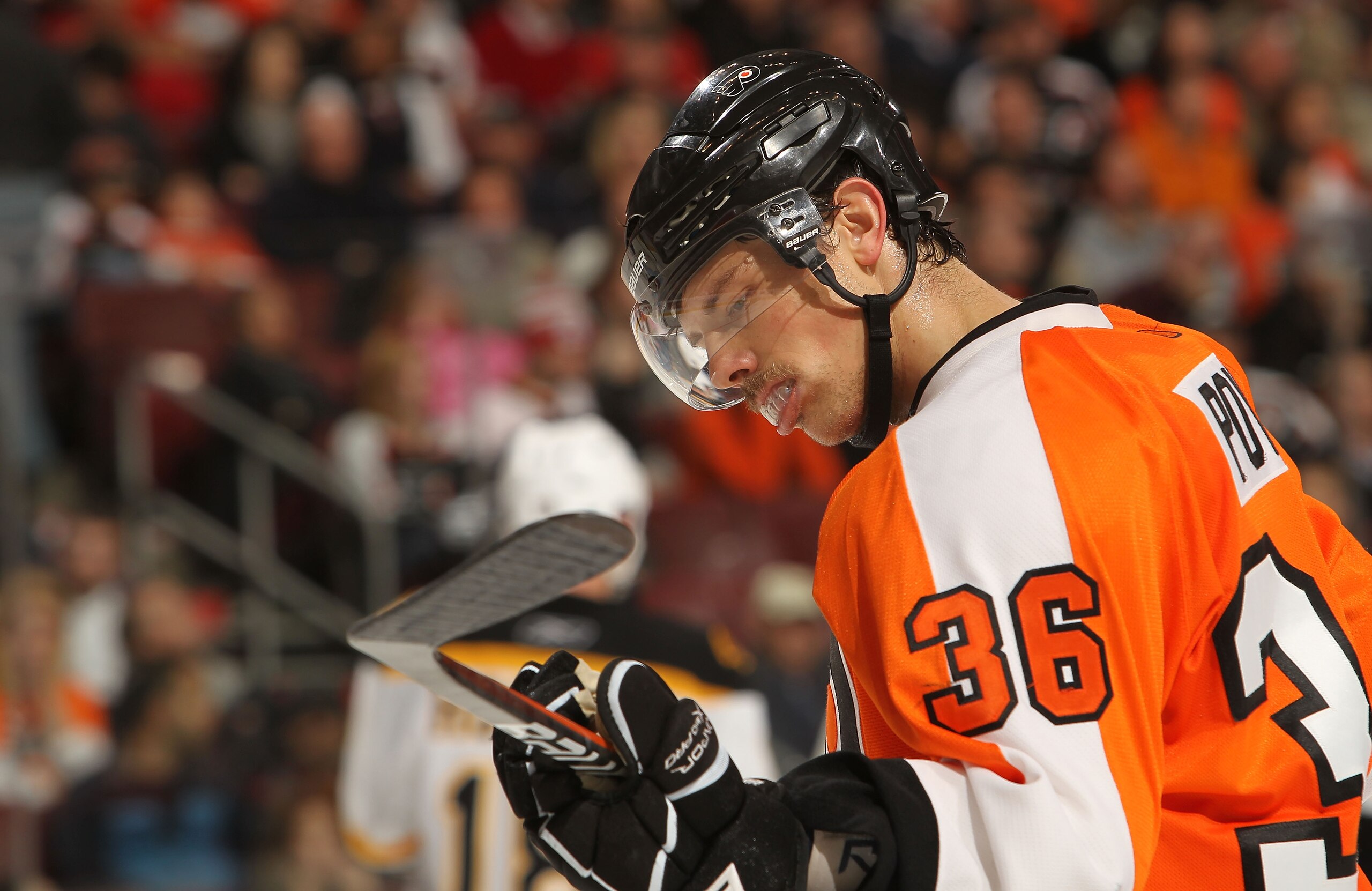 PHILADELPHIA, PA - DECEMBER 01: Darroll Powe #36 of the Philadelphia Flyers on the ice against the Boston Bruins at the Wells Fargo Center on December 1, 2010 in Philadelphia, Pennsylvania.  (Photo by Nick Laham/Getty Images)