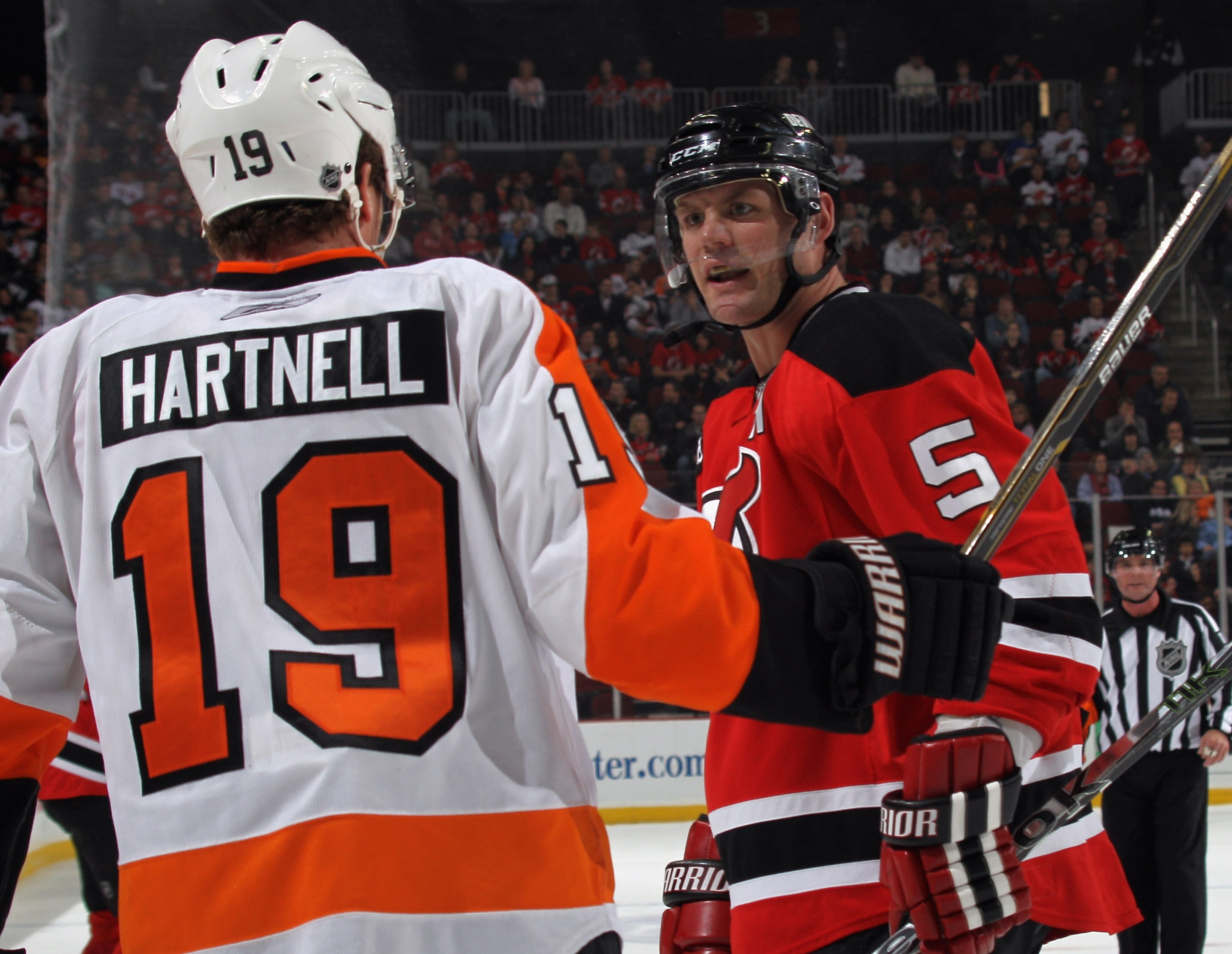 NEWARK, NJ - NOVEMBER 27:  Colin White #5 of the New Jersey Devils skates against the Philadelphia Flyers at the Prudential Center on November 27, 2010 in Newark, New Jersey. The Devils defeated the Flyers 2-1 in the shoot out.  (Photo by Bruce Bennett/Ge