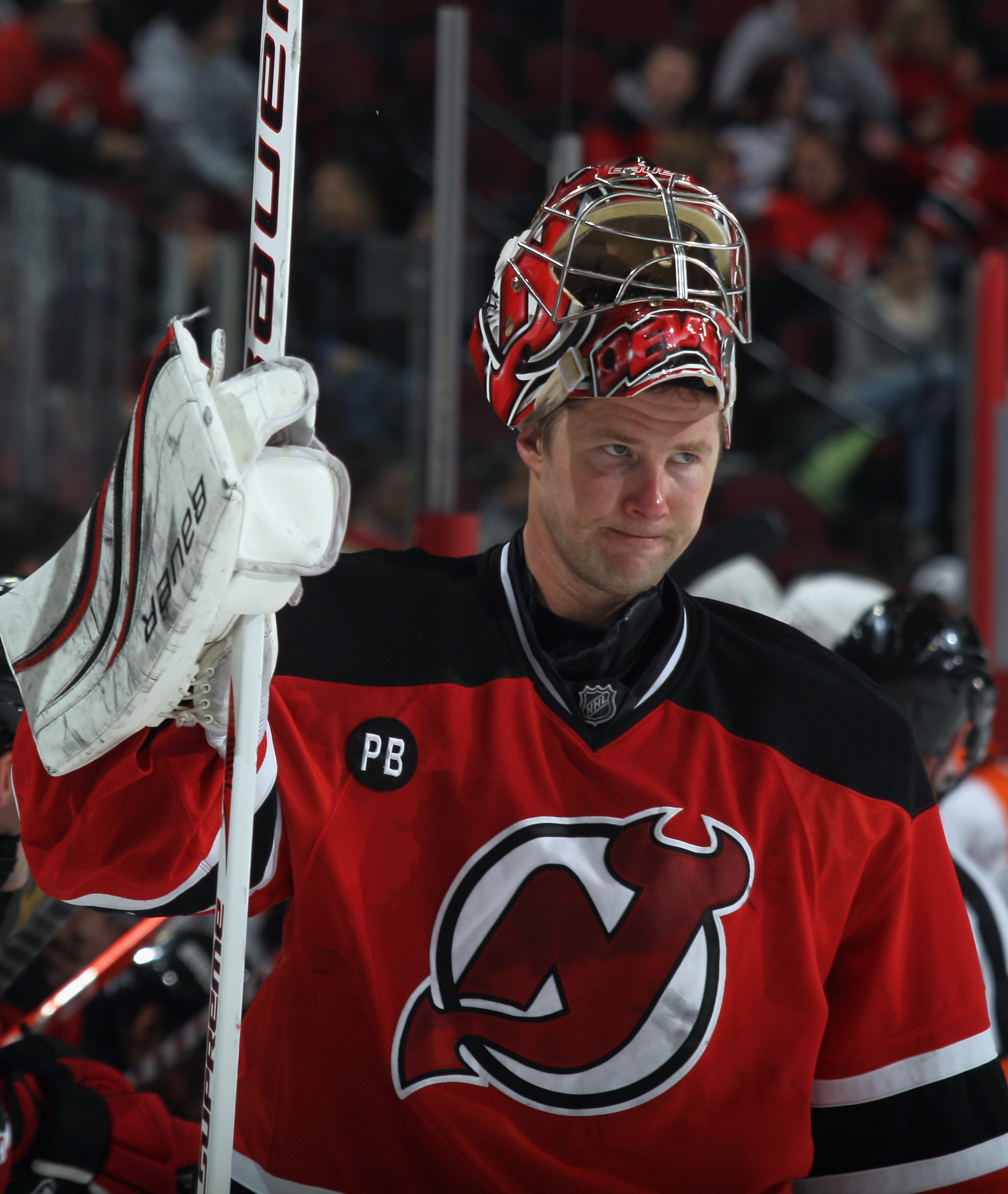 NEWARK, NJ - NOVEMBER 27:  Johan Hedberg #1 of the New Jersey Devils skates against the Philadelphia Flyers at the Prudential Center on November 27, 2010 in Newark, New Jersey. The Devils defeated the Flyers 2-1 in the shoot out.  (Photo by Bruce Bennett/
