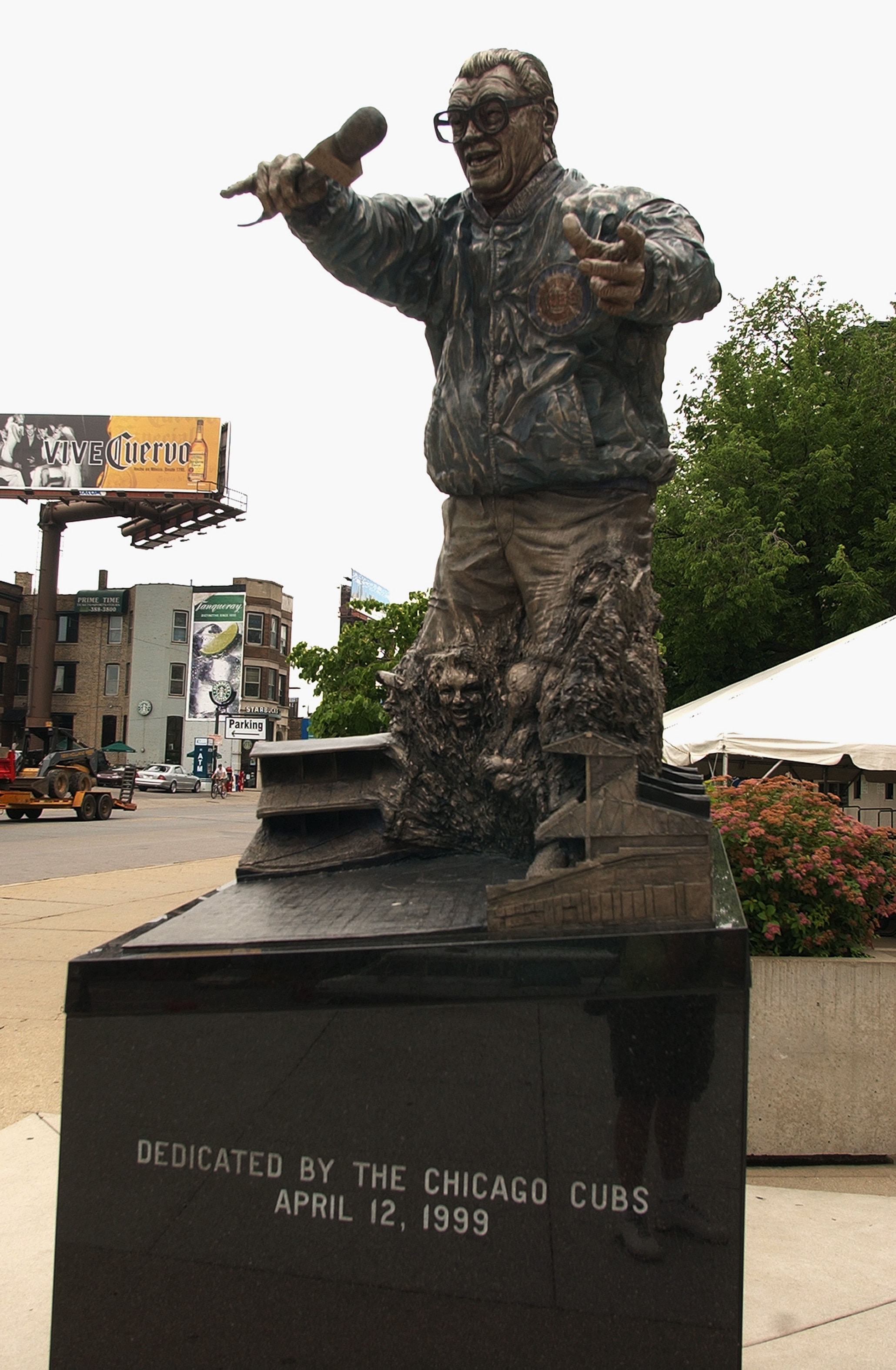 CHICAGO - JUNE 15:  A memorial statue of legendary broadcaster Harry Caray stands outside of Wrigley Field on June 15, 2004 in Chicago, Illinois.  Caray was the voice of the Chicago Cubs from 1982 until he passed away on February 18th, 1998.  (Photo by Jo