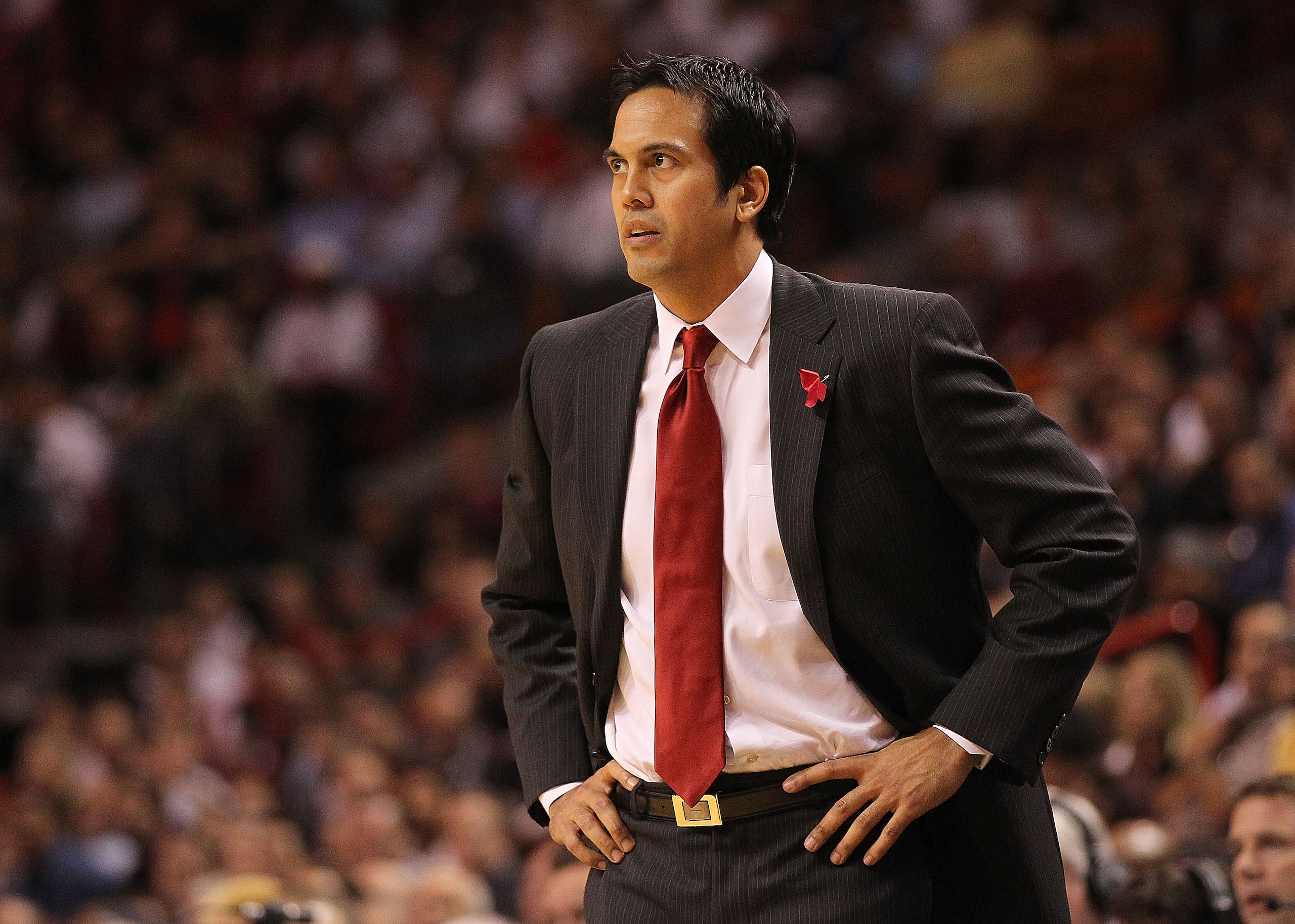 MIAMI, FL - DECEMBER 01:  Miami Heat head coach Erik Spoelstra looks on during a game against the Detroit Pistons at American Airlines Arena on December 1, 2010 in Miami, Florida. NOTE TO USER: User expressly acknowledges and agrees that, by downloading a
