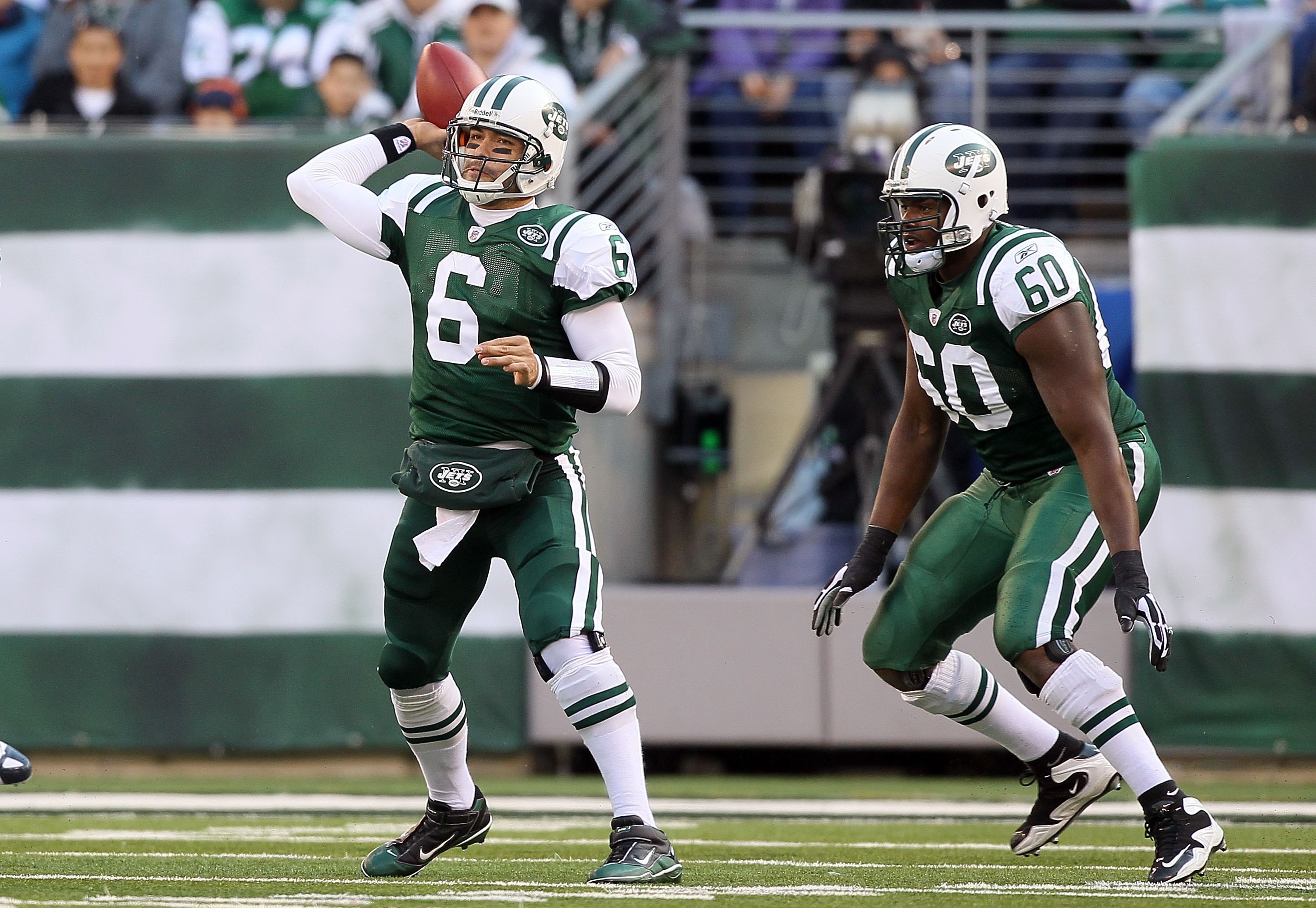 EAST RUTHERFORD, NJ - NOVEMBER 21:  Mark Sanchez #6 of the New York Jets in action against the Houston Texans on November 21, 2010 at the New Meadowlands Stadium in East Rutherford, New Jersey.  (Photo by Jim McIsaac/Getty Images)