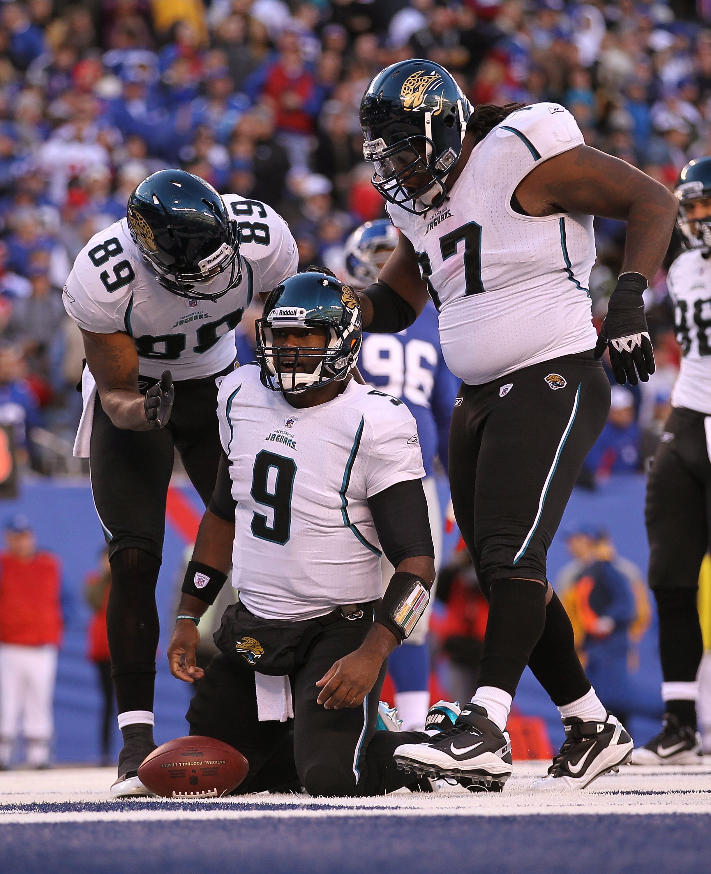 EAST RUTHERFORD, NJ - NOVEMBER 28:  David Garrard #9 of the Jacksonville Jaguars scores a touchdown against  the New York Giants during the second Quarter of their game on November 28, 2010 at The New Meadowlands Stadium in East Rutherford, New Jersey.  (