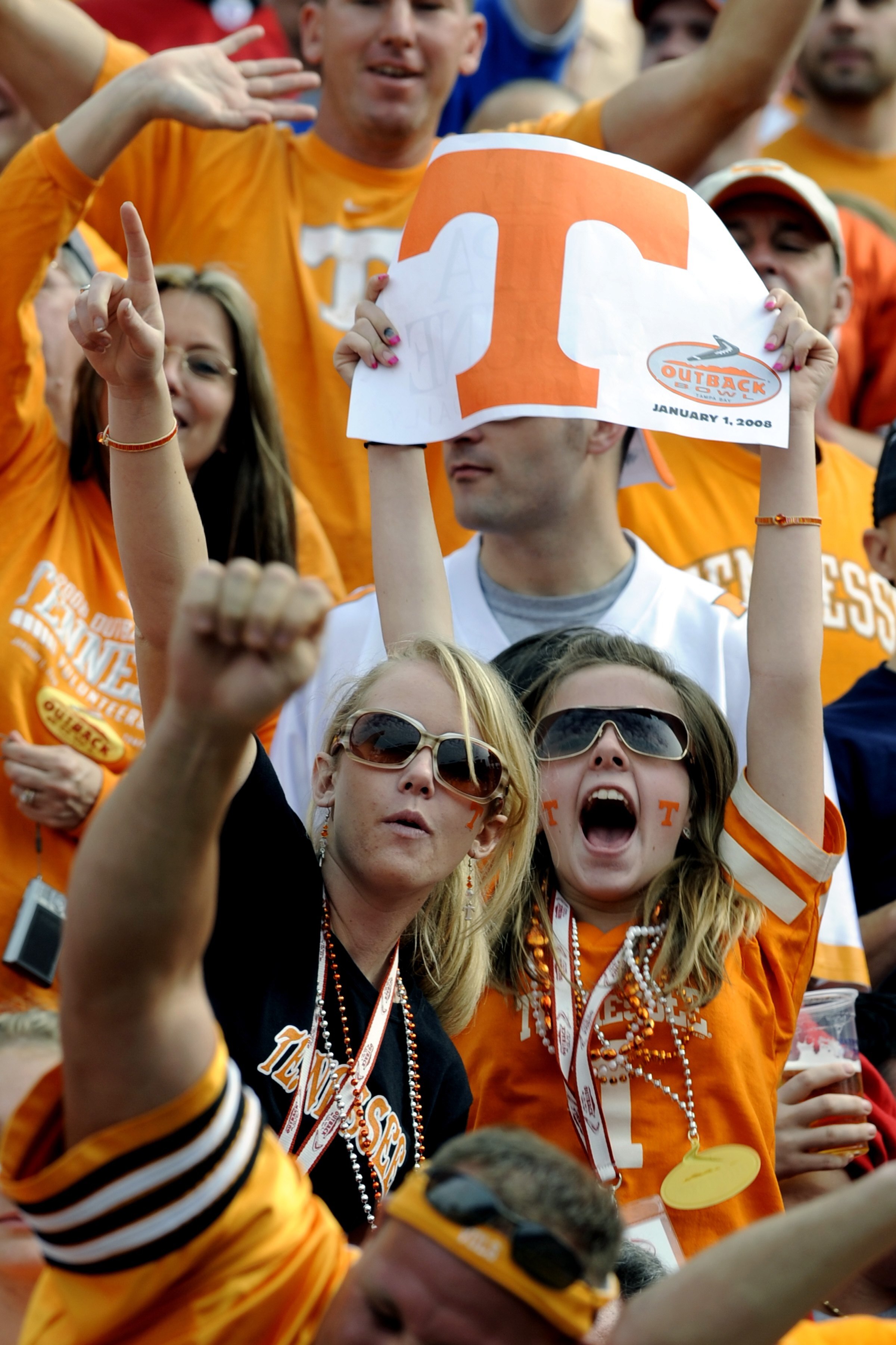 TAMPA, FL -  JANUARY 1: Fans of the Tennessee Volunteers cheer play against the Wisconsin Badgers in the 2008 Outback Bowl at Raymond James Stadium on January 1, 2008 in Tampa, Florida.   The Volunteers won 21 - 17. (Photo by Al Messerschmidt/Getty Images