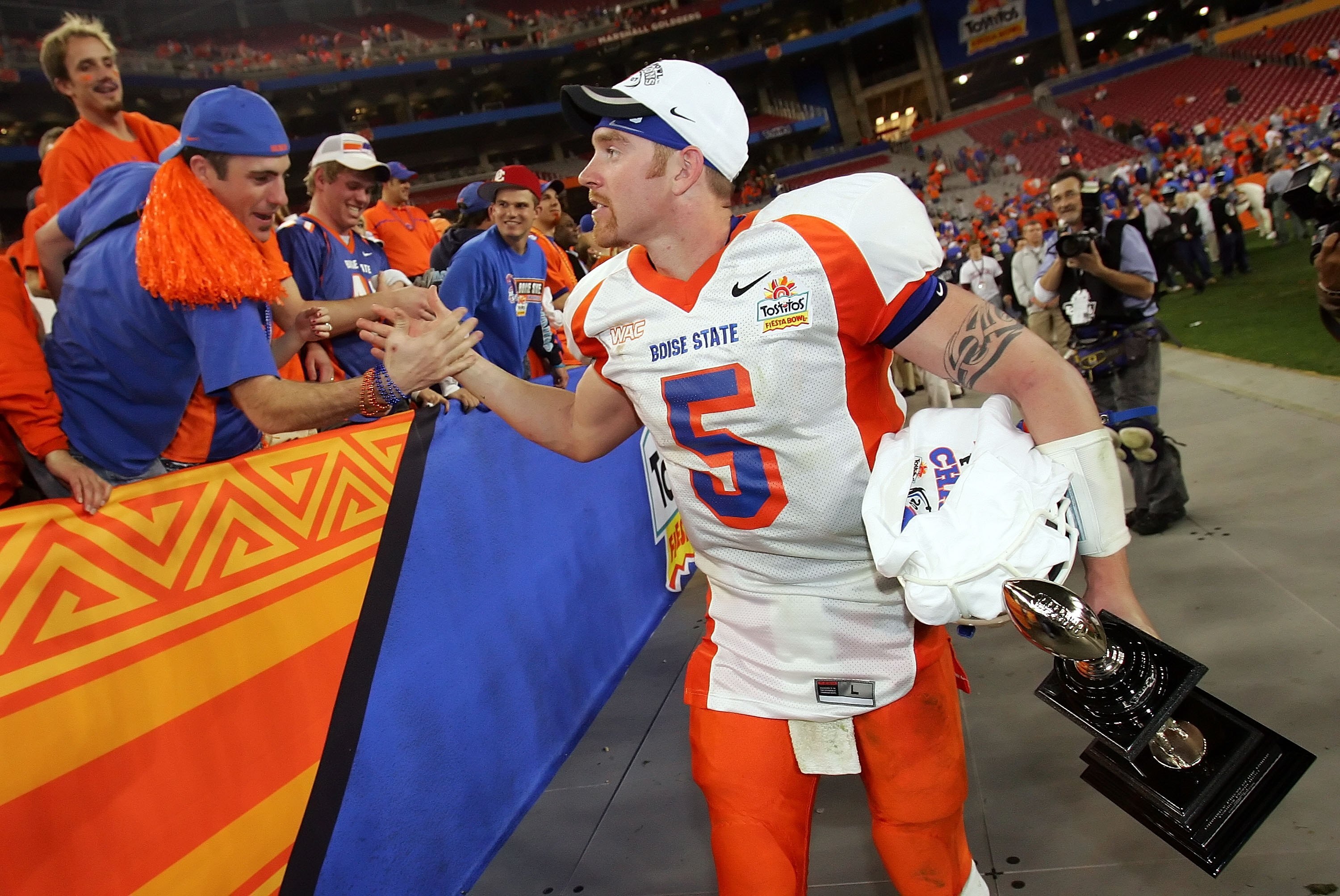 GLENDALE, AZ - JANUARY 01:  Quarterback Jared Zabransky #5 of the Boise State Broncos celebrates with fans after defeating the Oklahoma Sooners 43-42 at the Tostito's Fiesta Bowl at University of Phoenix Stadium on January 1, 2007 in Glendale, Arizona.  (