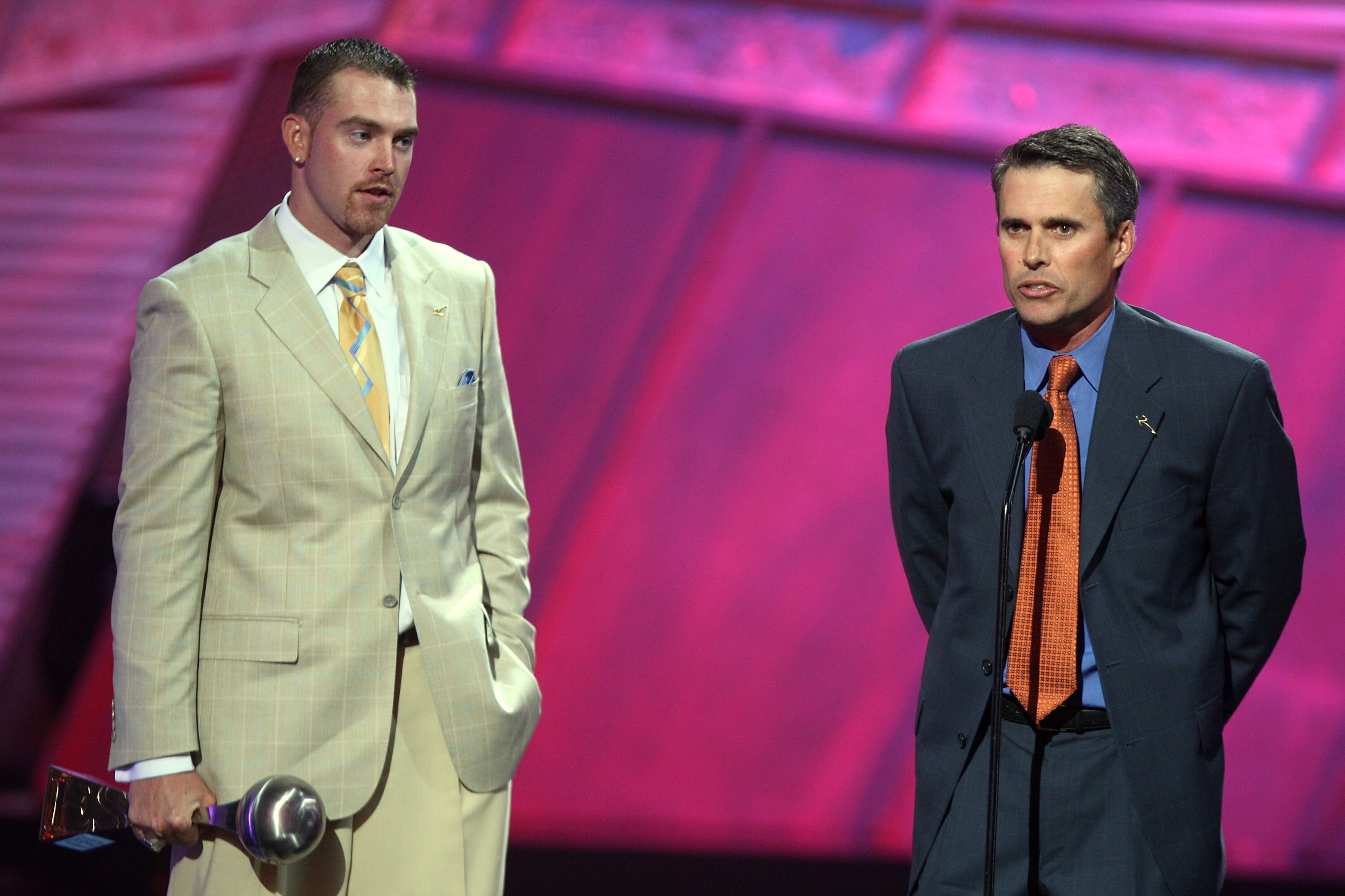HOLLYWOOD - JULY 11:  (L-R) Boise State football player Jared Zabransky and Boise State football coach Chris Peterson accept the award for 'Best Game' onstage during the 2007 ESPY Awards at the Kodak Theatre on July 11, 2007 in Hollywood, California.  (Ph