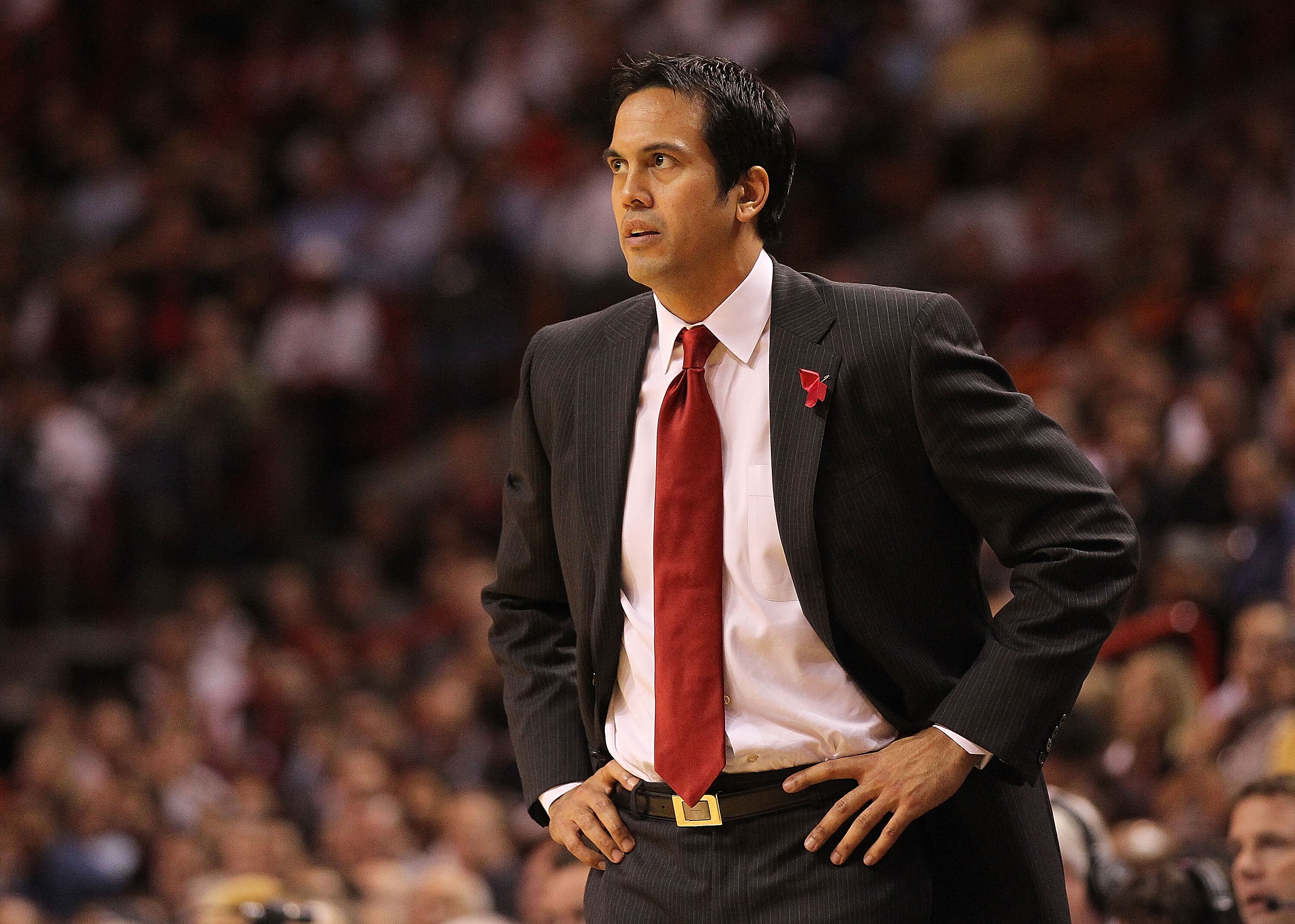 MIAMI, FL - DECEMBER 01:  Miami Heat head coach Erik Spoelstra looks on during a game against the Detroit Pistons at American Airlines Arena on December 1, 2010 in Miami, Florida. NOTE TO USER: User expressly acknowledges and agrees that, by downloading a