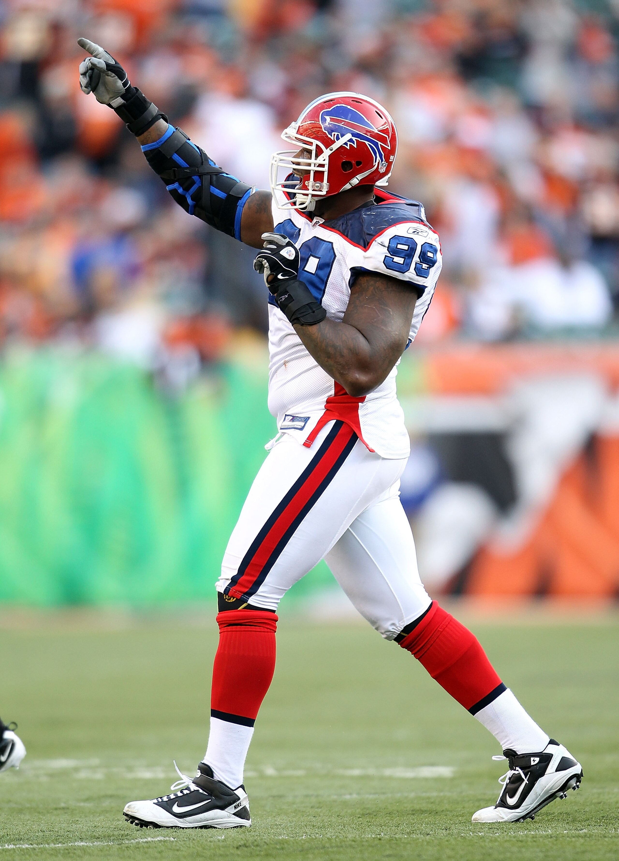 CINCINNATI - NOVEMBER 21: Marcus Stroud #99 of the Buffalo Bills celebrates during NFL game against the Cincinnati Bengals at Paul Brown Stadium on November 21, 2010 in Cincinnati, Ohio. The Bills won 49-21. (Photo by Andy Lyons/Getty Images)