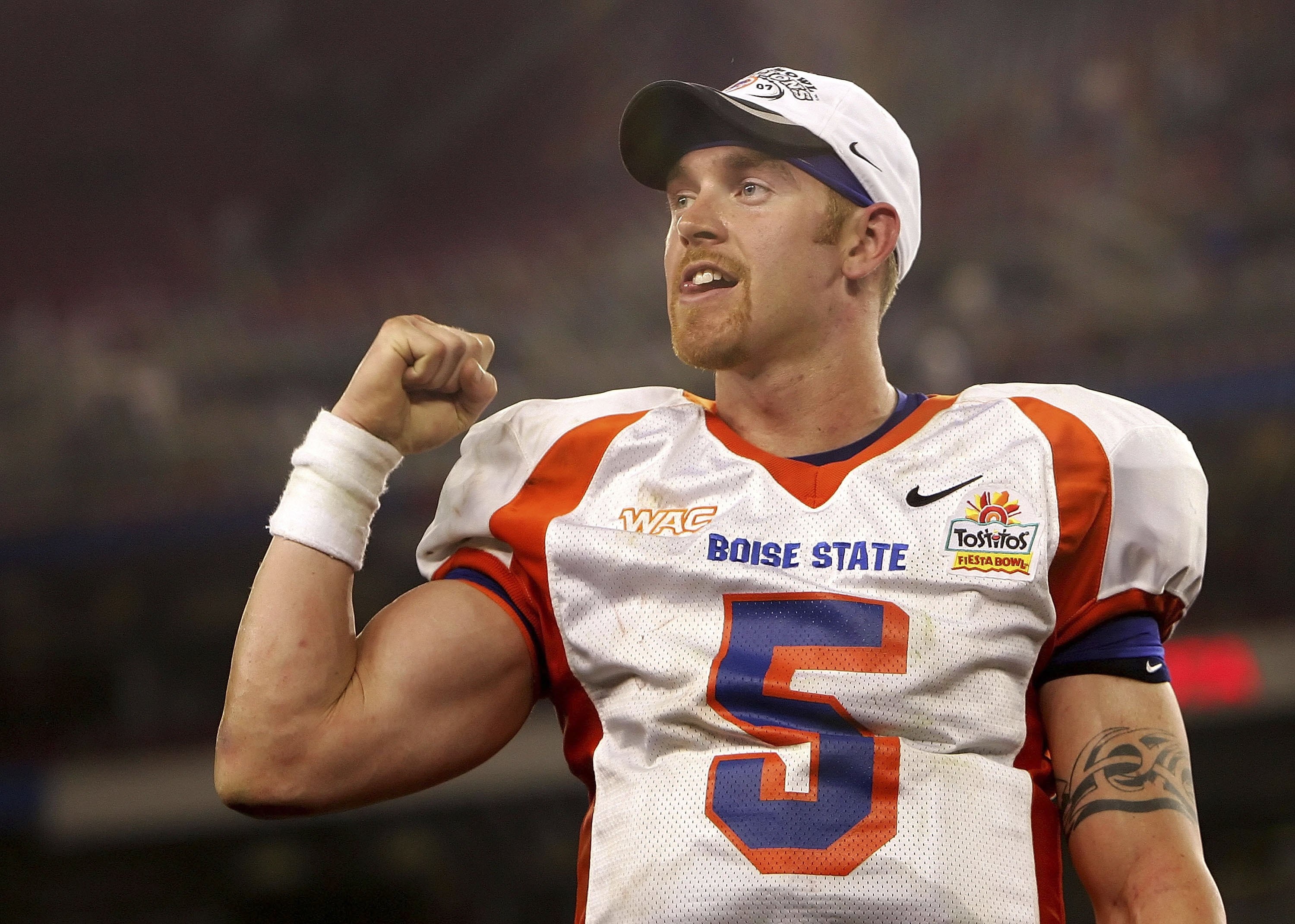 GLENDALE, AZ - JANUARY 1:  Quarterback Jared Zabransky #5 of the Boise State Broncos celebrates after defeating the Oklahoma Sooners 43-42 at the Tostito's Fiesta Bowl against the Boise State Broncos at University of Phoenix Stadium January 1, 2007 in Gle
