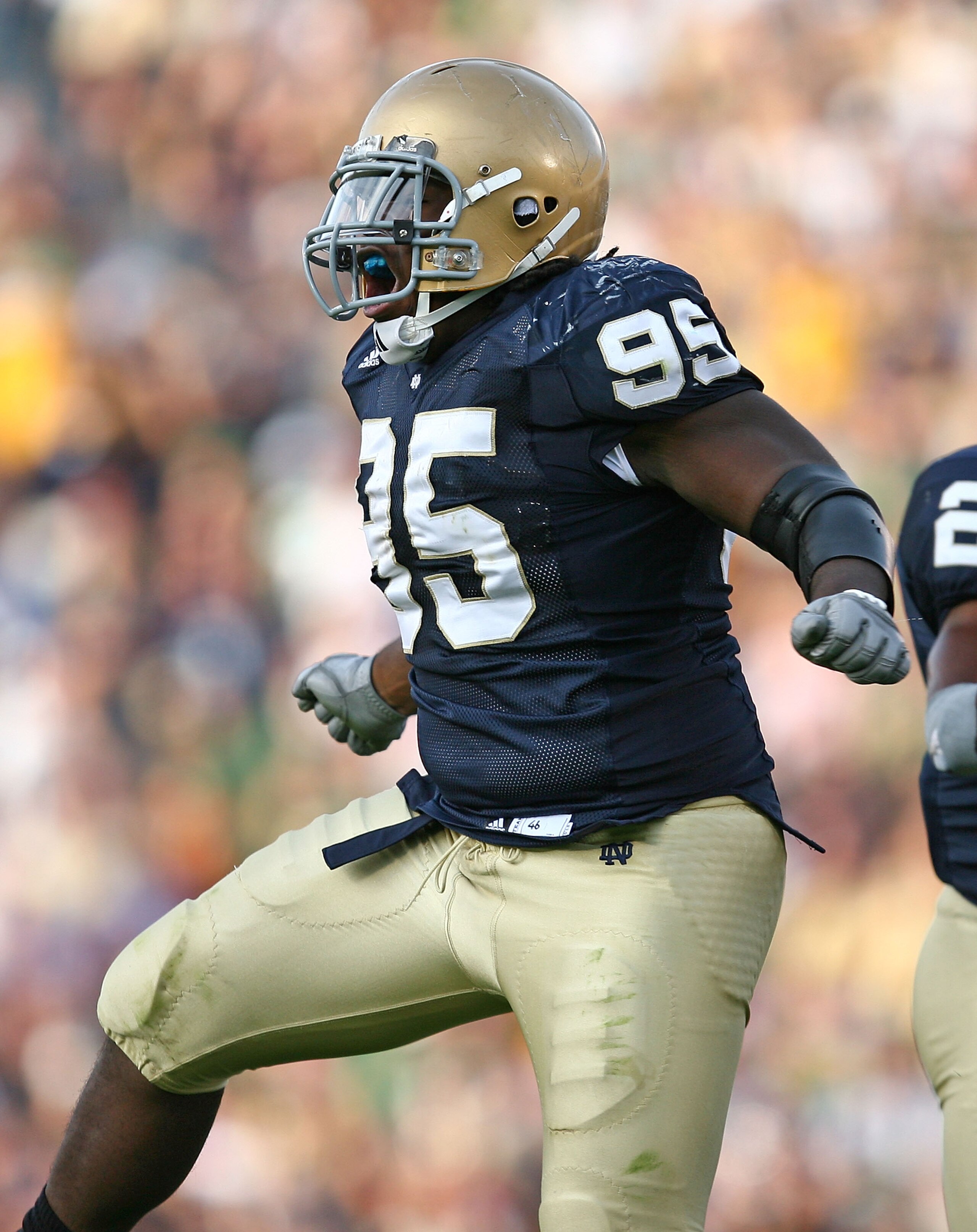 SOUTH BEND, IN - SETPEMBER 19: Ian Williams #95 of the Notre Dame Fighting Irish celebrates a defensive play against the Michigan State Spartans on September 19, 2009 at Notre Dame Stadium in South Bend, Indiana. Notre Dame defeated Michigan State 33-30.