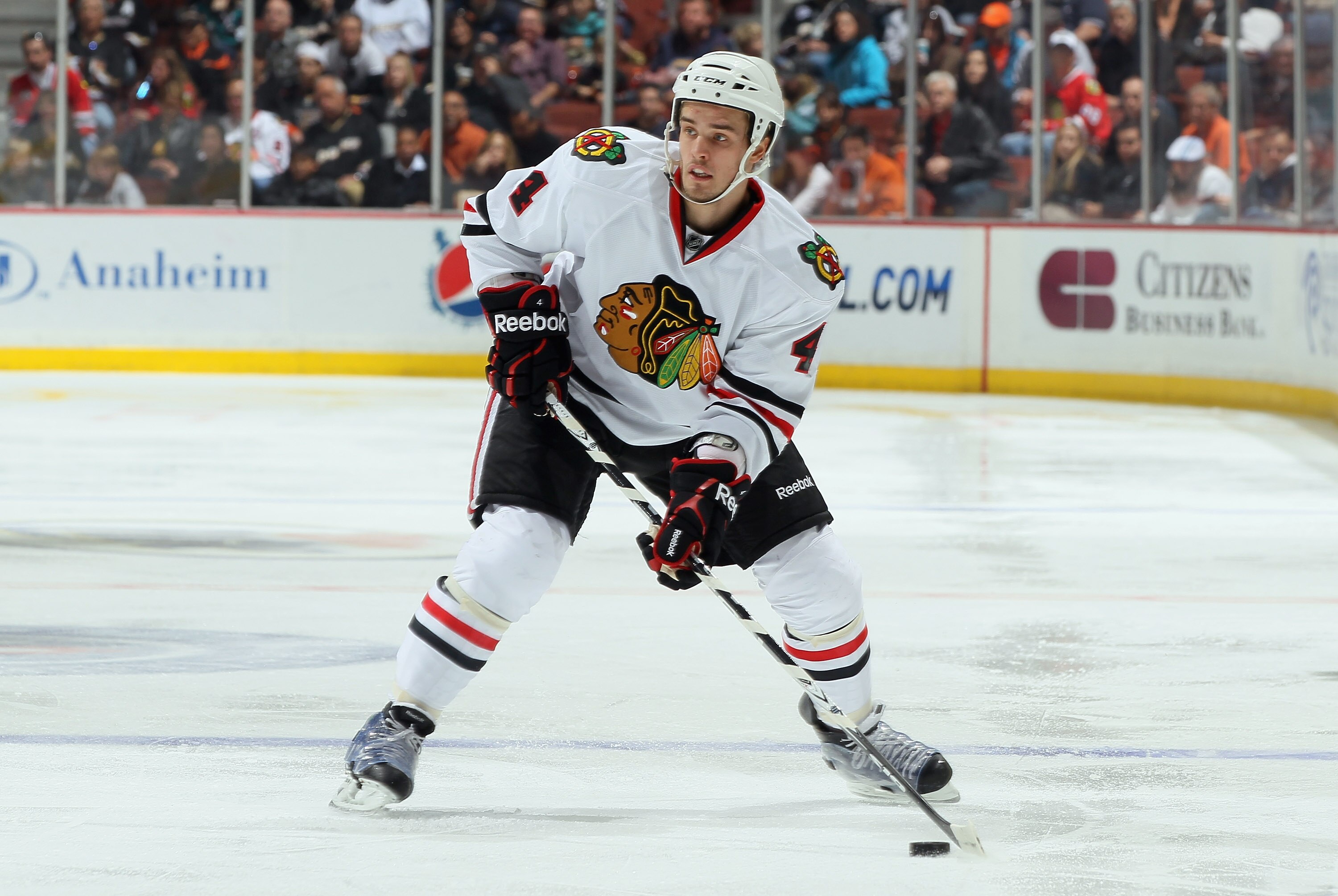 ANAHEIM, CA - NOVEMBER 26:  Niklas Hjalmarsson #4 of the Chicago Blackhawks skates against the Anaheim Ducks at the Honda Center on November 26, 2010 in Anaheim, California.  (Photo by Jeff Gross/Getty Images)
