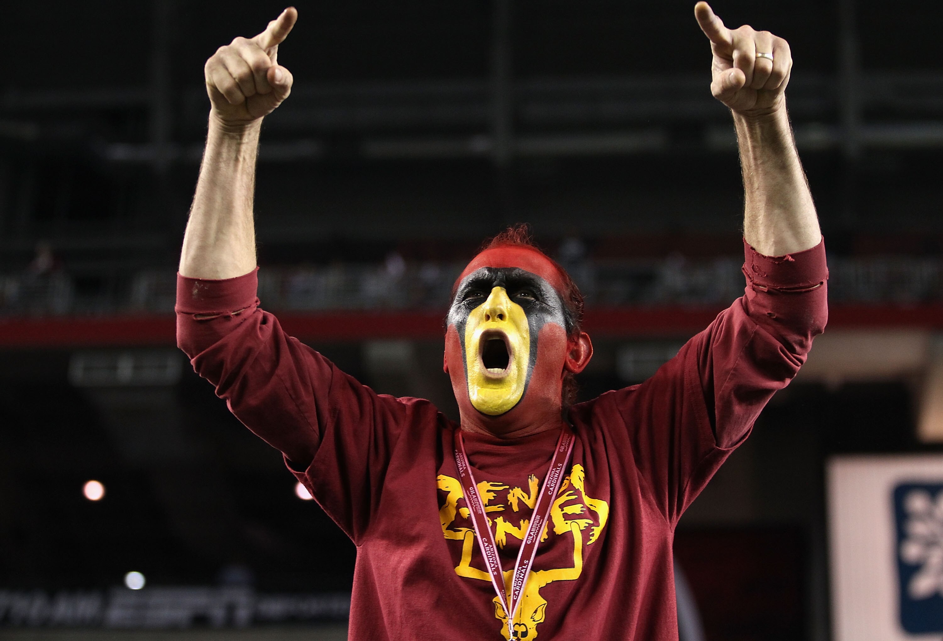 GLENDALE, AZ - NOVEMBER 29:  Fans of the Arizona Cardinals yell at their team during the NFL game against the San Francisco 49ers at the University of Phoenix Stadium on November 29, 2010 in Glendale, Arizona.  The 49ers defeated the Cardinals 27-6.  (Pho