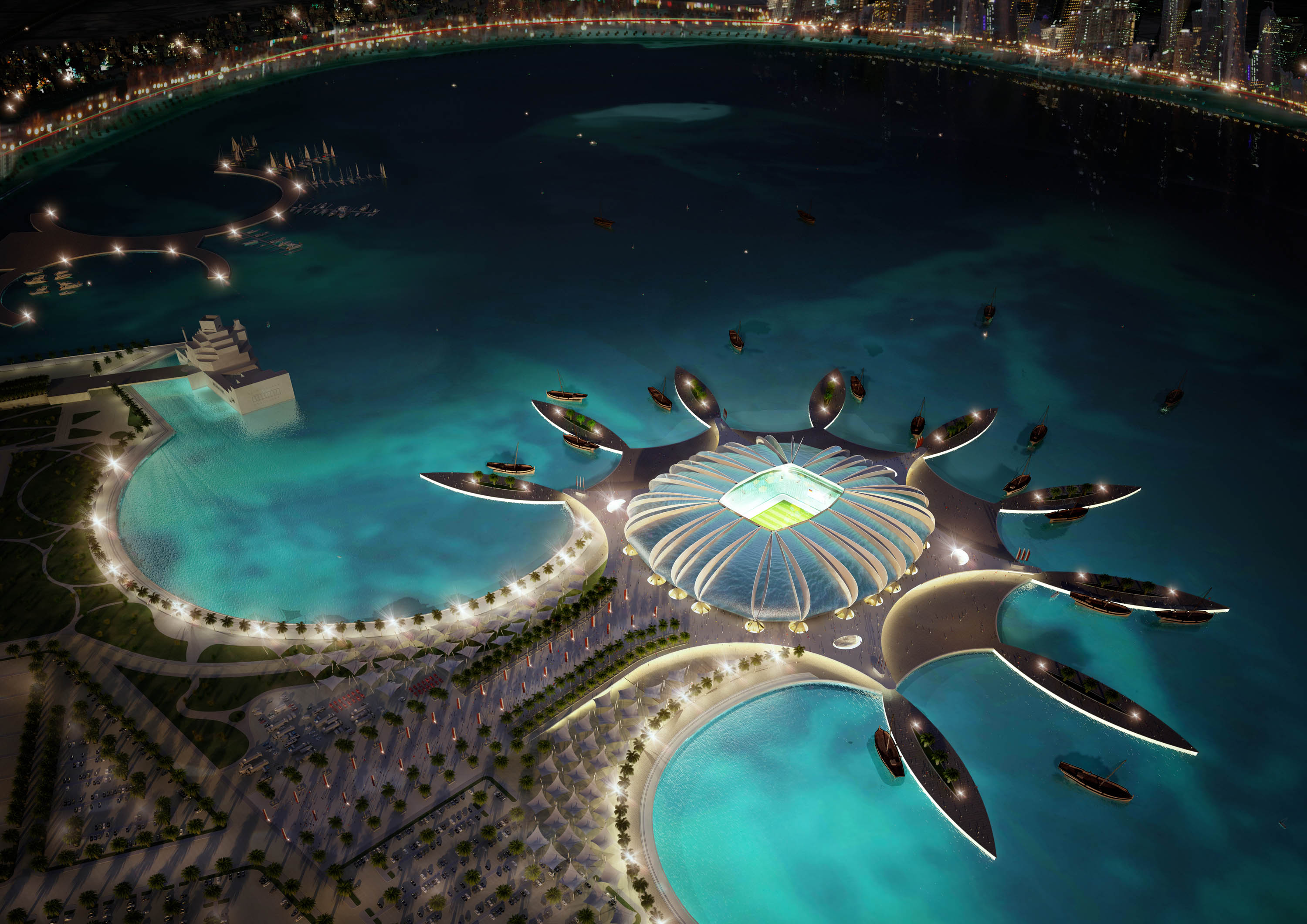 DOHA, QATAR - UNDATED:   In this handout image supplied by Qatar 2022  The Doha Port stadium is pictured in this artists impression as Qatar 2022 World Cup bid unveils it's stadiums on September 16, 2010 in Doha, Qatar. The architecture of the stadium ref