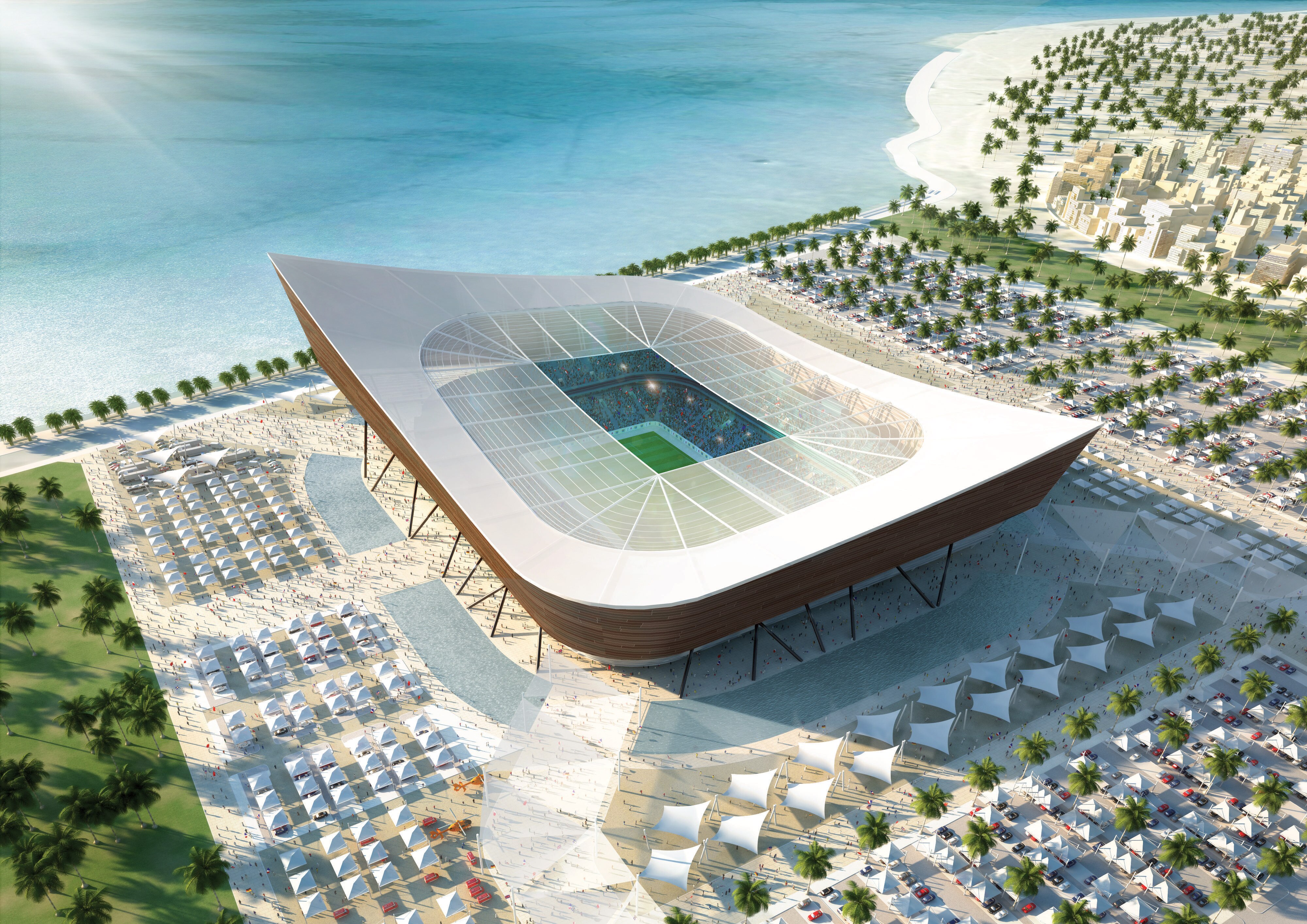 AL SHAMAL, QATAR:  In this artist's illustration provided by Qatar 2022/HH Vision, an aerial view is displayed of a 45,120 capacity stadium located in Al-Shamal in the north of Qatar, on the edge of the Arabian Gulf. The stadium's bowl shape design is der