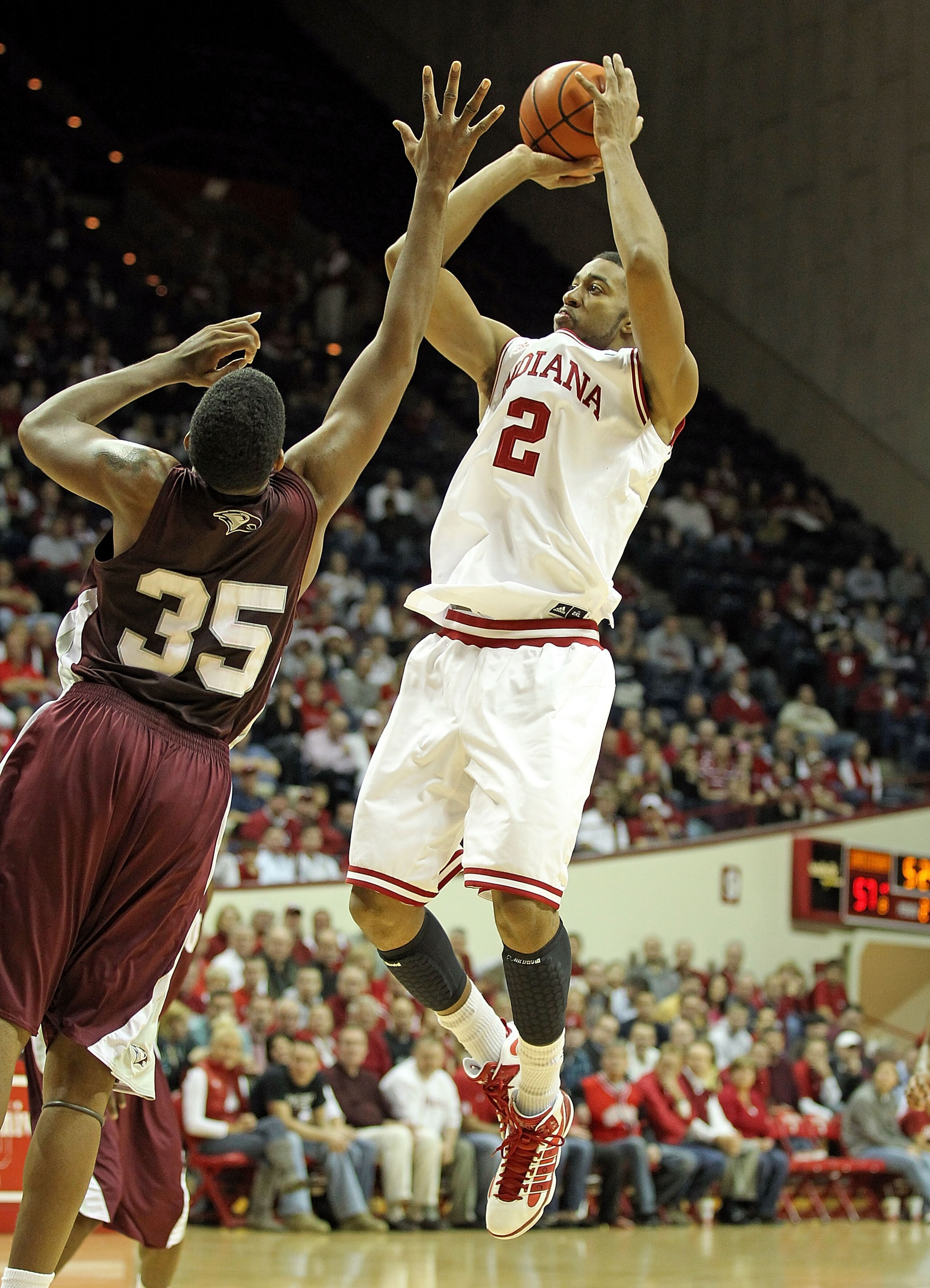 BLOOMINGTON, IN - NOVEMBER 23:  Christian Watford #2 of the Indiana Hoosiers shoots the ball during the game against the North Carolina Central Eagles at Assembly Hall on November 23, 2010 in Bloomington, Indiana.  Indiana won 72-56.(Photo by Andy Lyons/G