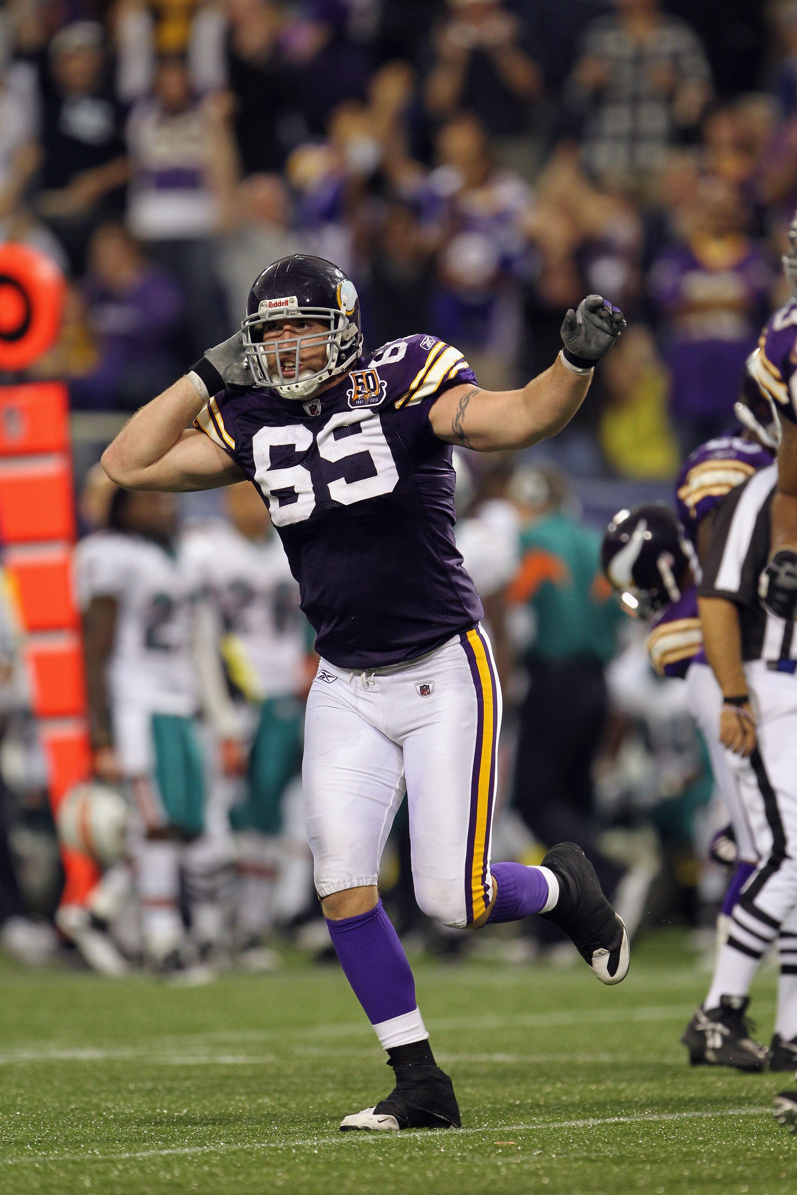 MINNEAPOLIS - SEPTEMBER 19:  Jared Allen #69 of the Minnesota Vikings in action during the game against  of the Miami Dolphins on September 19, 2010 at Hubert H. Humphrey Metrodome in Minneapolis, Minnesota.  (Photo by Jamie Squire/Getty Images)