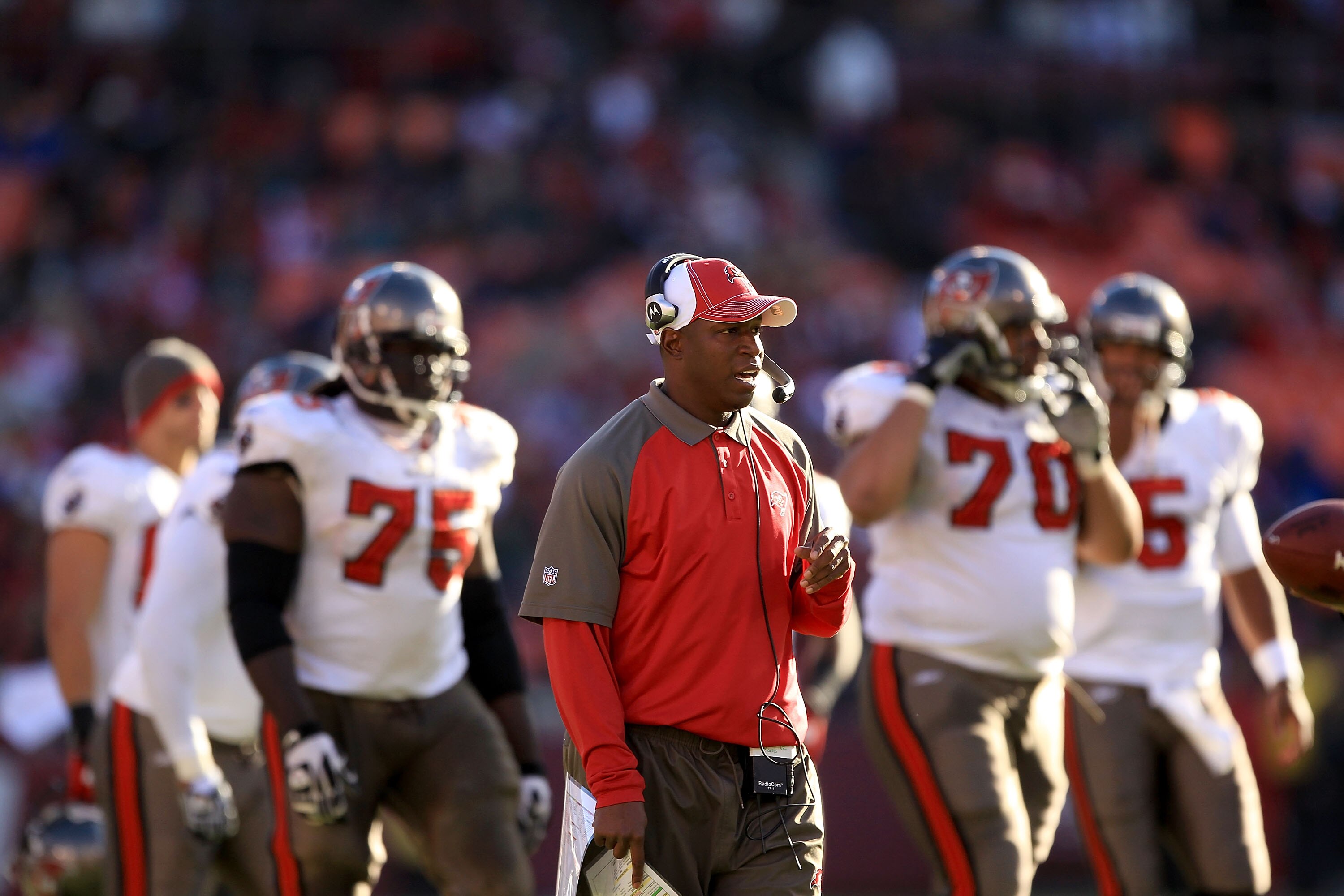 SAN FRANCISCO - NOVEMBER 21:  Head coach Raheem Morris of the Tampa Bay Buccaneers walks the sidelines during their game against the San Francisco 49ers at Candlestick Park on November 21, 2010 in San Francisco, California.  (Photo by Ezra Shaw/Getty Imag
