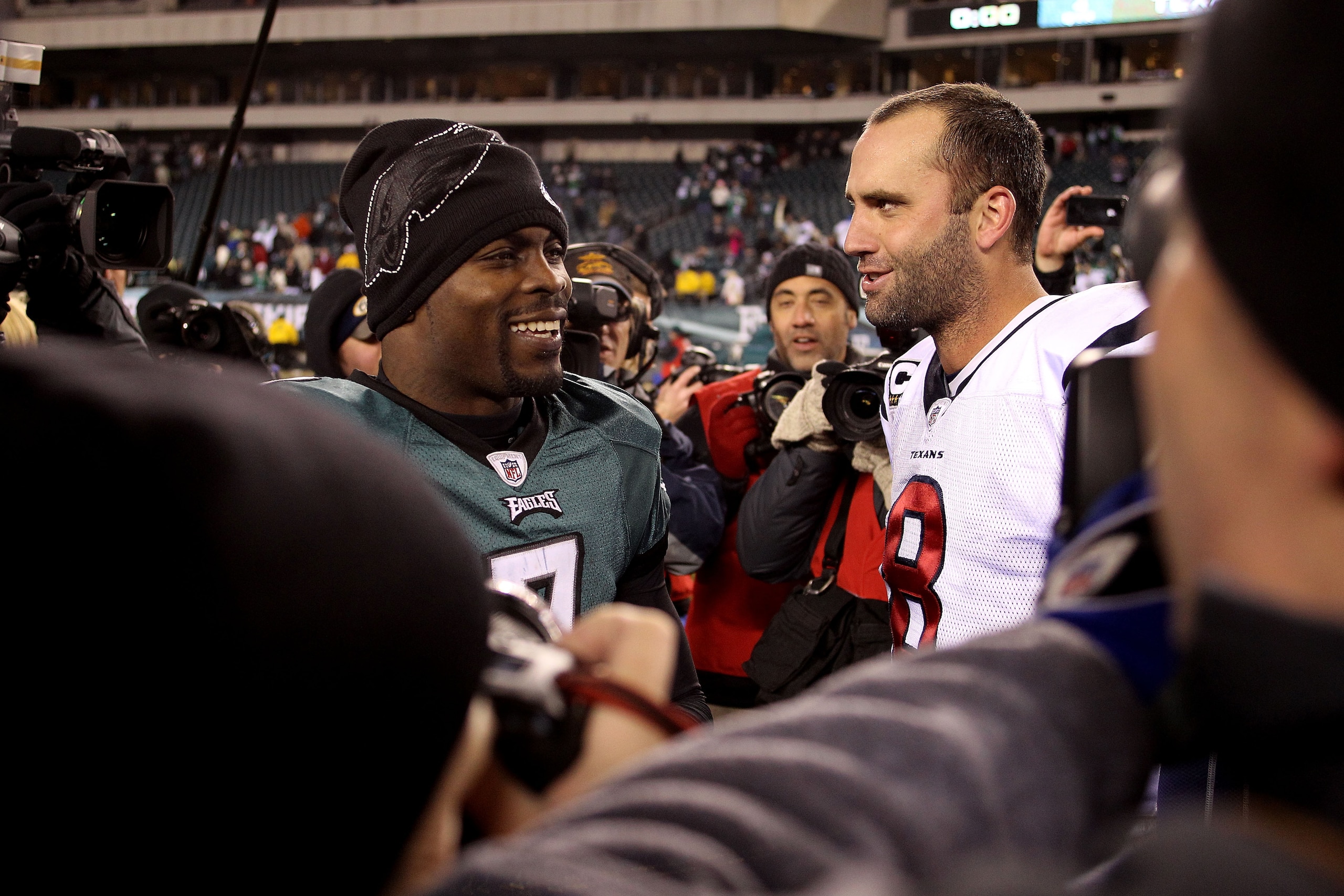 PHILADELPHIA, PA - DECEMBER 02:  (L-R) Michael Vick #7 of the Philadelphia Eagles talks with Matt Schaub #8 of the Houston Texans after the Eagles won 34-24 at Lincoln Financial Field on December 2, 2010 in Philadelphia, Pennsylvania.  (Photo by Chris Cha