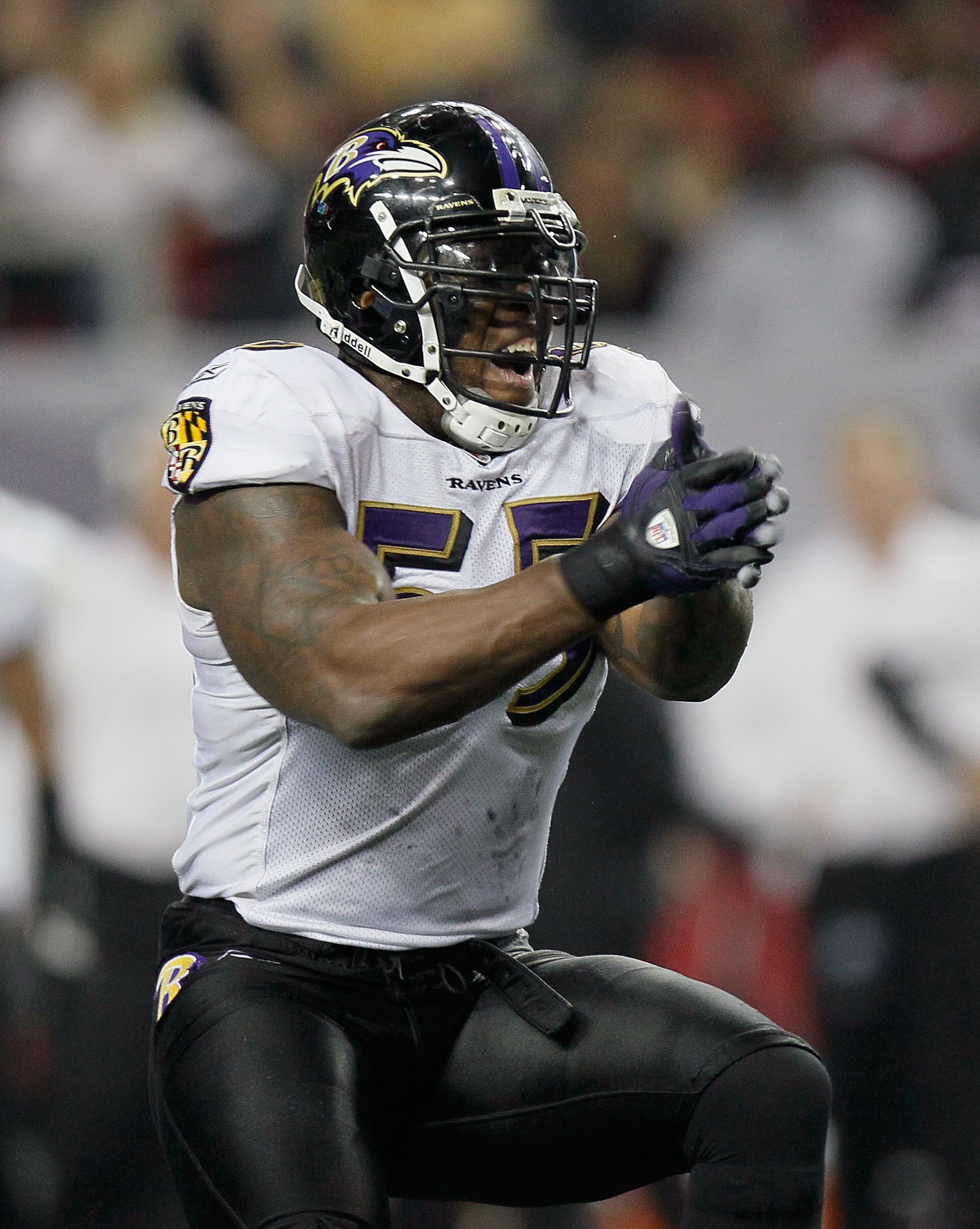 ATLANTA - NOVEMBER 11:  Terrell Suggs #55 of the Baltimore Ravens against the Atlanta Falcons at Georgia Dome on November 11, 2010 in Atlanta, Georgia.  (Photo by Kevin C. Cox/Getty Images)