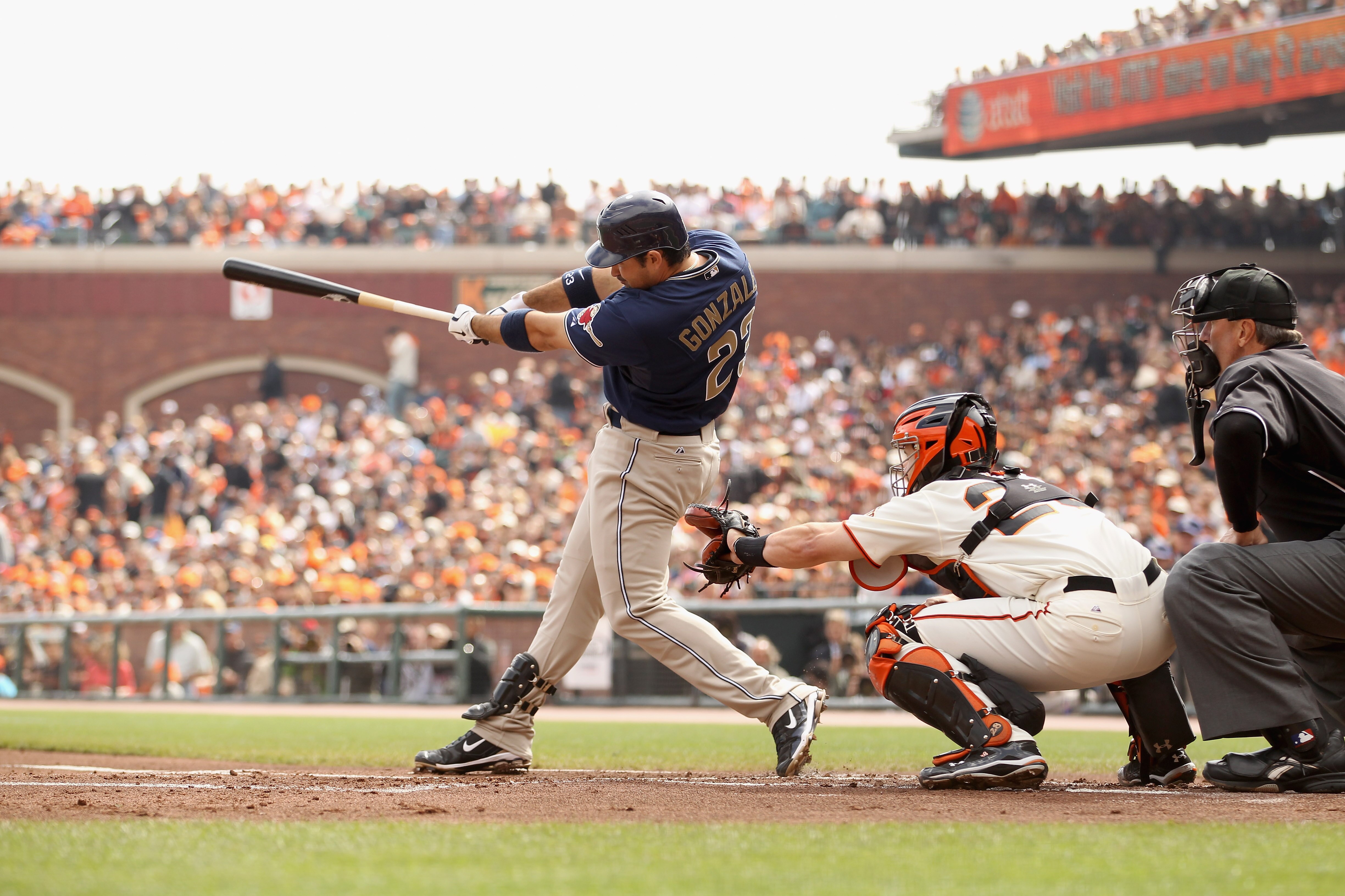 SAN FRANCISCO - OCTOBER 03:  Adrian Gonzalez #23 of the San Diego Padres bats against the San Francisco Giants at AT&T Park on October 3, 2010 in San Francisco, California.  (Photo by Ezra Shaw/Getty Images)
