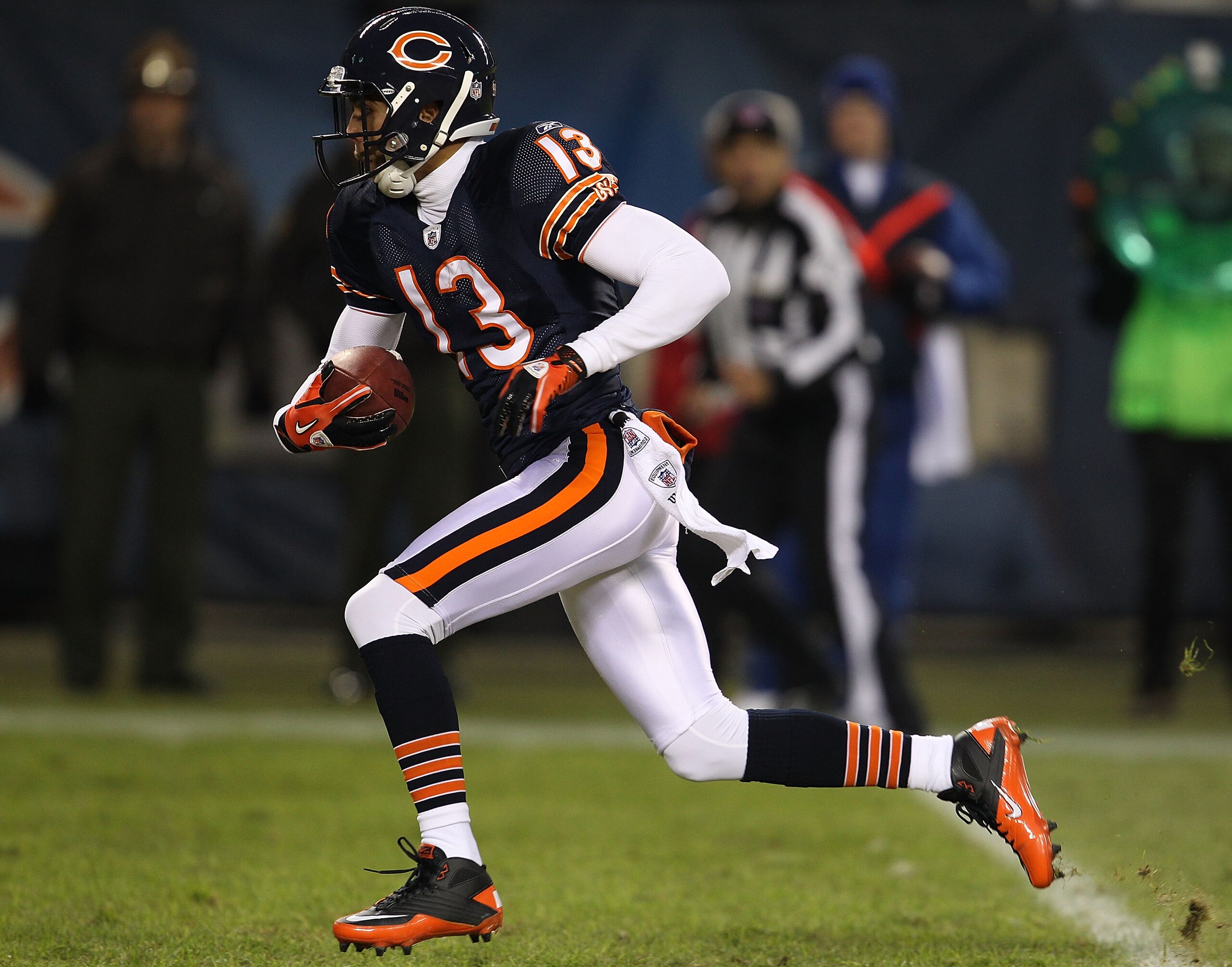 CHICAGO - NOVEMBER 28: Johnny Knox #13 of the Chicago Bears runs for a first down against the Philadelphia Eagles at Soldier Field on November 28, 2010 in Chicago, Illinois. The Bears defeated the Eagles 31-26. (Photo by Jonathan Daniel/Getty Images) CHICAGO - NOVEMBER 28: Johnny Knox #13 of the Chicago Bears runs for a first down against the Philadelphia Eagles at Soldier Field on November 28, 2010 in Chicago, Illinois. The Bears defeated the Eagles 31-26. (Photo by Jonathan Daniel/Getty Images)