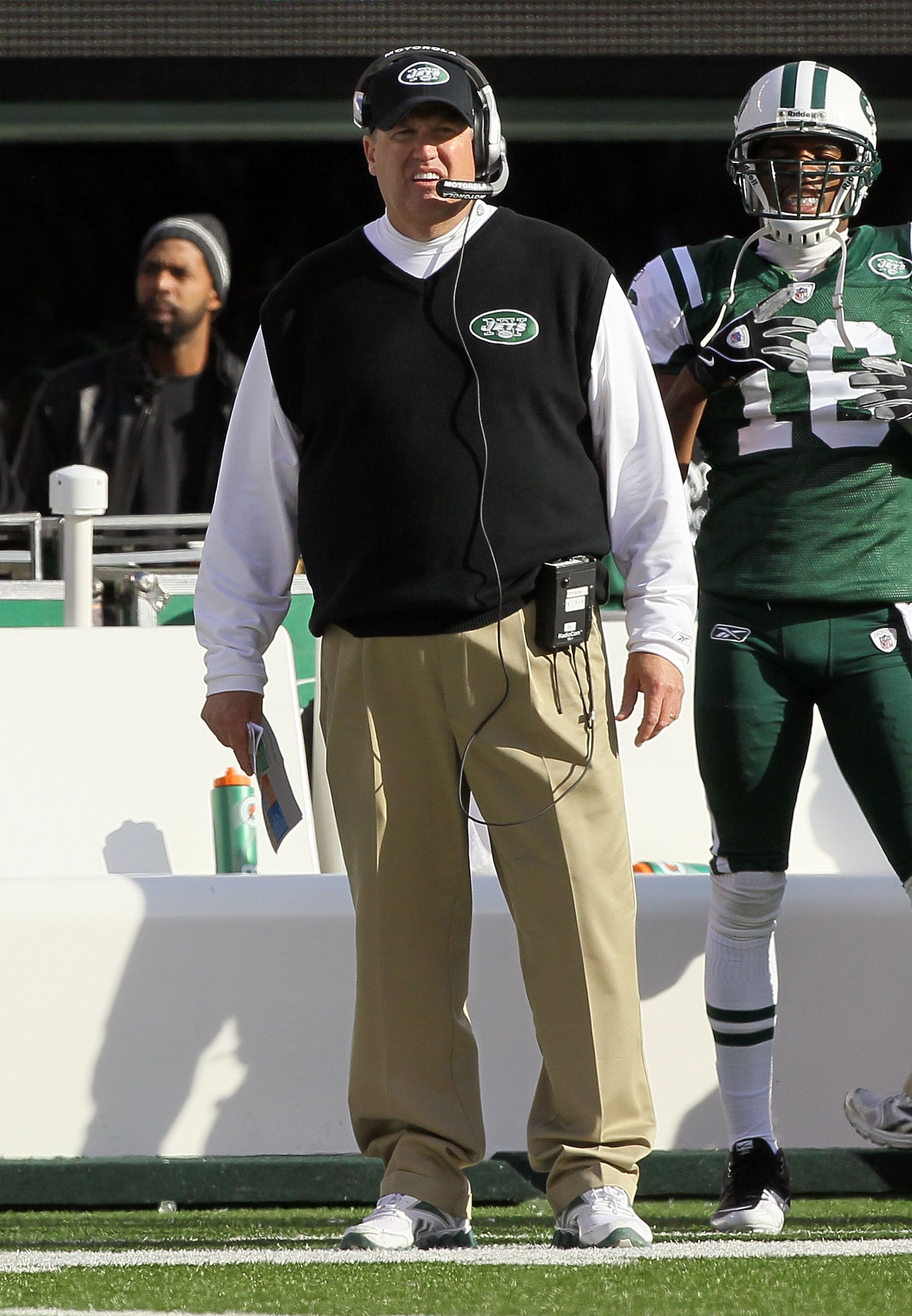 EAST RUTHERFORD, NJ - NOVEMBER 21:  Head coach Rex Ryan of the New York Jets looks on against the Houston Texans on November 21, 2010 at the New Meadowlands Stadium in East Rutherford, New Jersey.  (Photo by Jim McIsaac/Getty Images)
