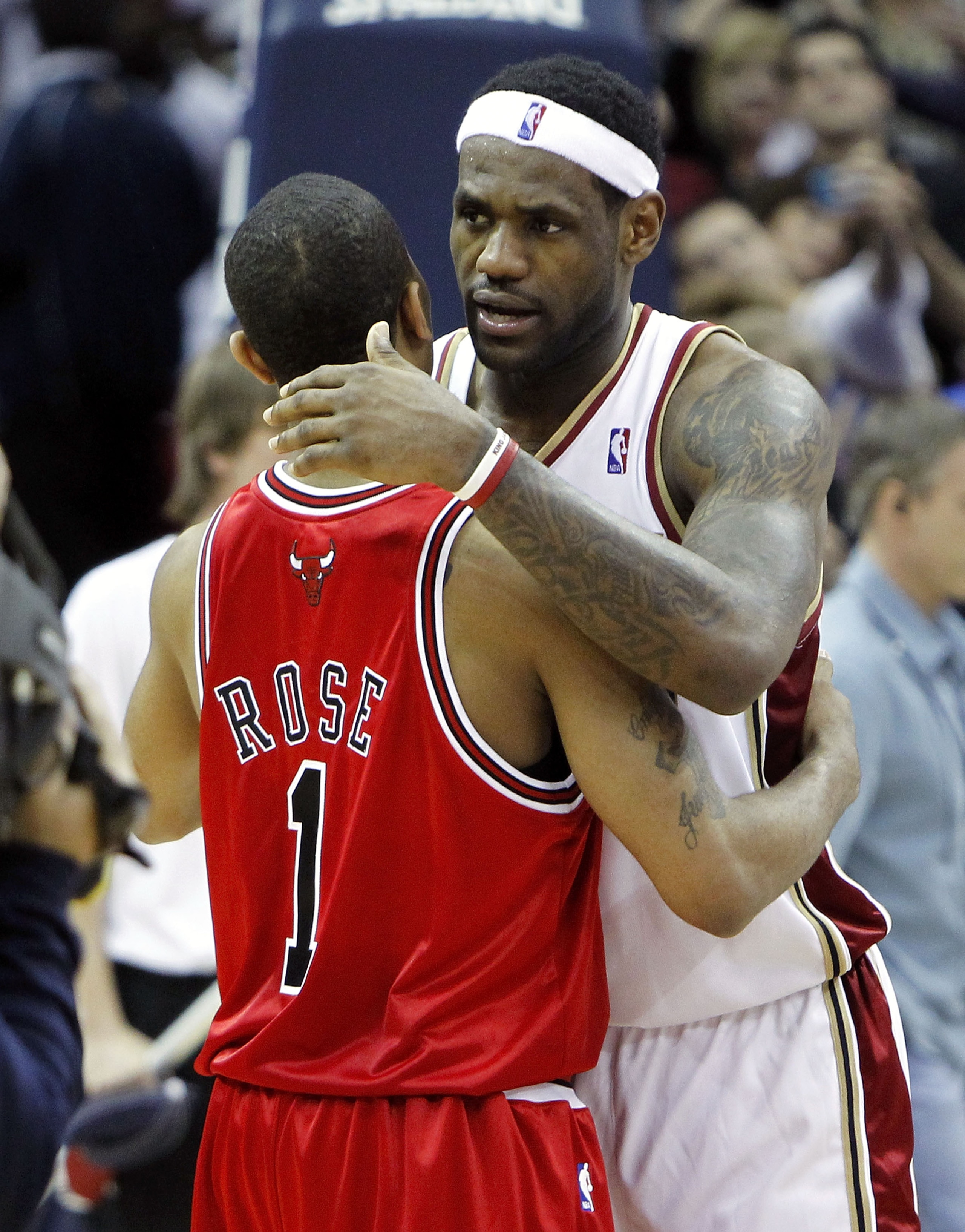 CLEVELAND - APRIL 27: LeBron James #23 of the Cleveland Cavaliers talks with Derrick Rose #1 of the Chicago Bulls after defeating the Bulls 96-94 in Game Five of the Eastern Conference Quarterfinals during the 2010 NBA Playoffs at Quicken Loans Arena on A