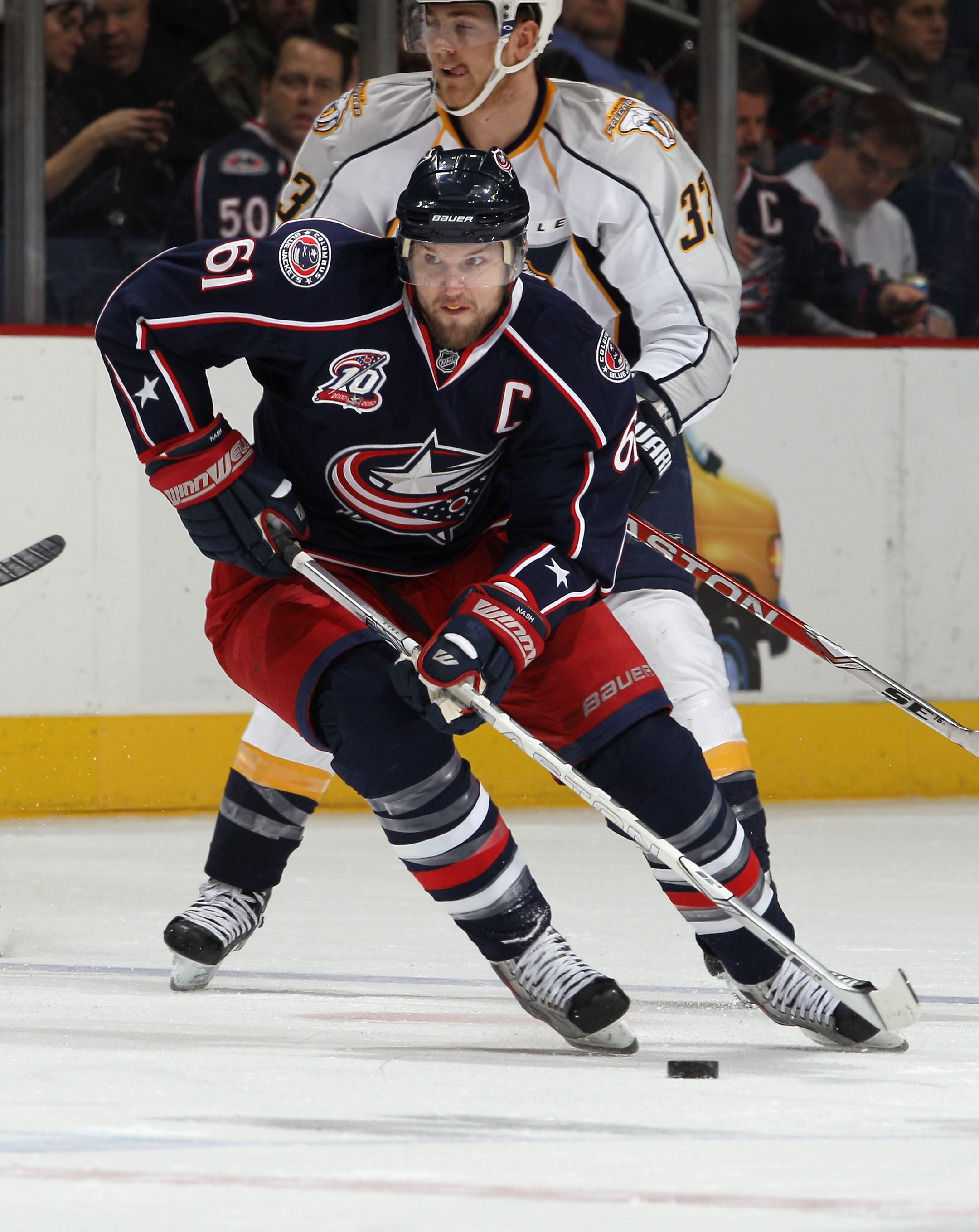 COLUMBUS, OH - DECEMBER 01:  Rick Nash #61 of the Columbus Blue Jackets skates against the Nashville Predators at the Nationwide Arena on December 1, 2010 in Columbus, Ohio.  (Photo by Bruce Bennett/Getty Images)